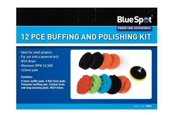 BlueSpot M14 115mm 12pc Drill Buffing Polishing Kit Foam Pads Metal Plastic