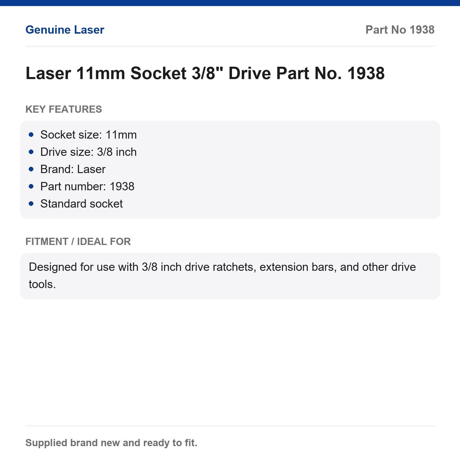 11mm 3/8" Drive Standard Socket Laser 1938 - Image 2