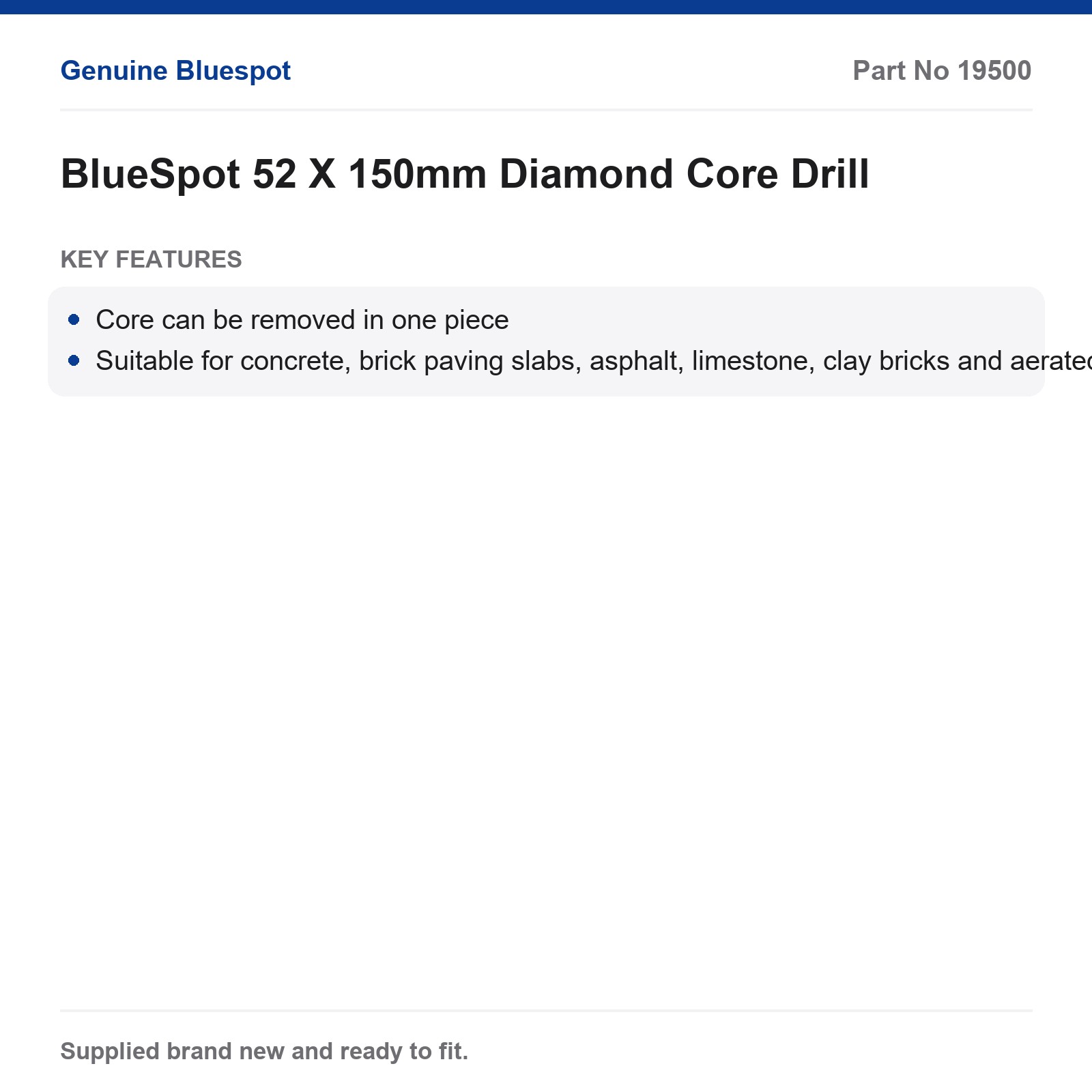 BlueSpot Diamond Core Drill 52x150mm Concrete Brick One Piece Core - Image 2