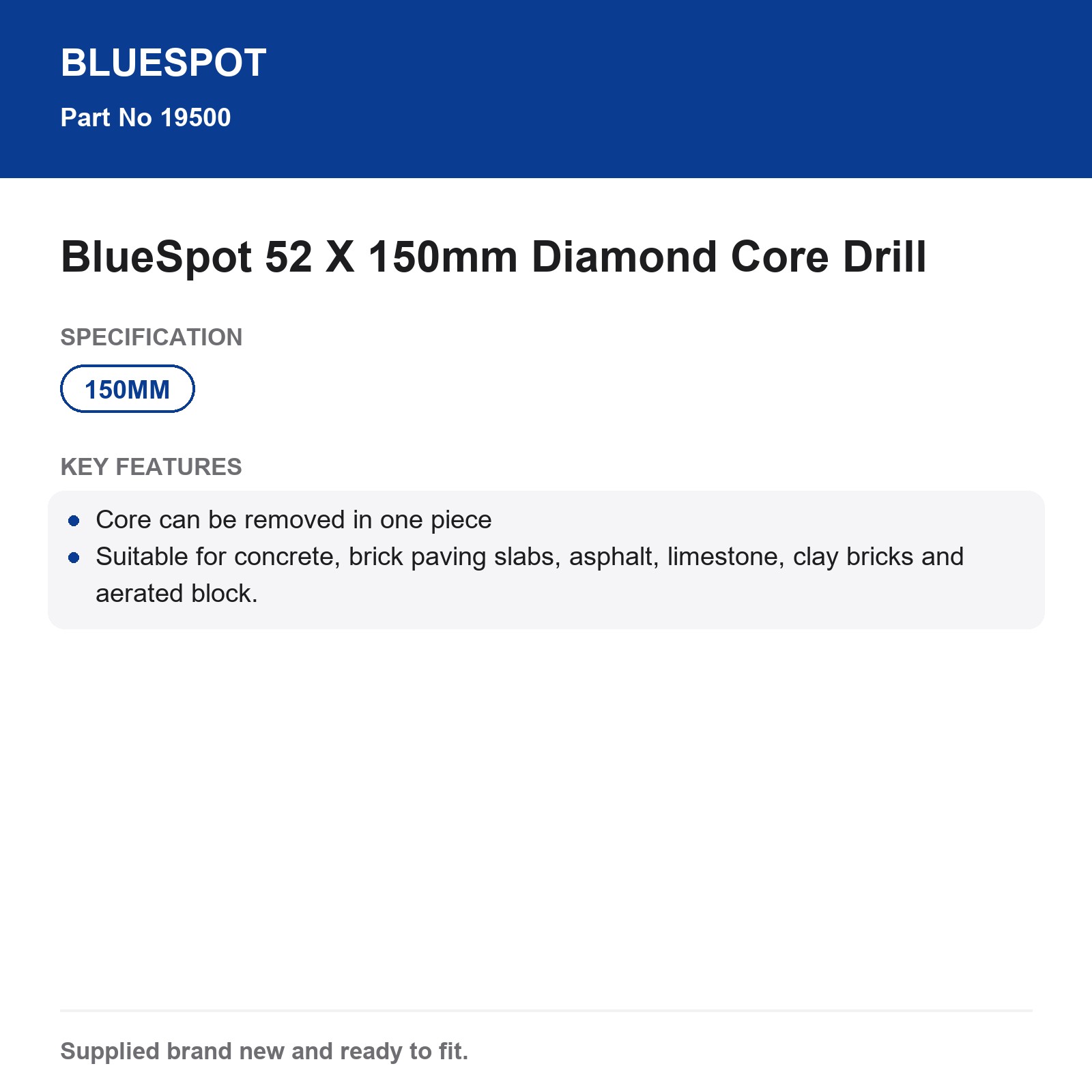BlueSpot Diamond Core Drill 52x150mm Concrete Brick One Piece Core - Image 3