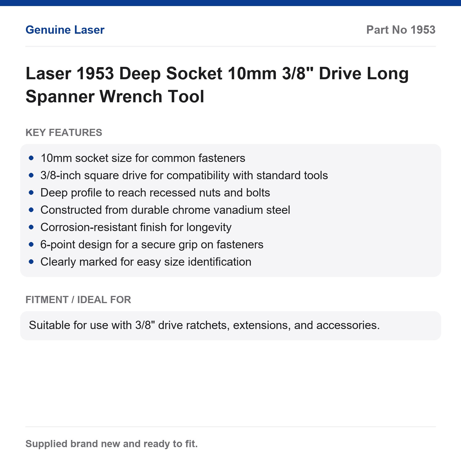 Laser 1953 Deep Socket 10mm 3/8" Drive - Image 2
