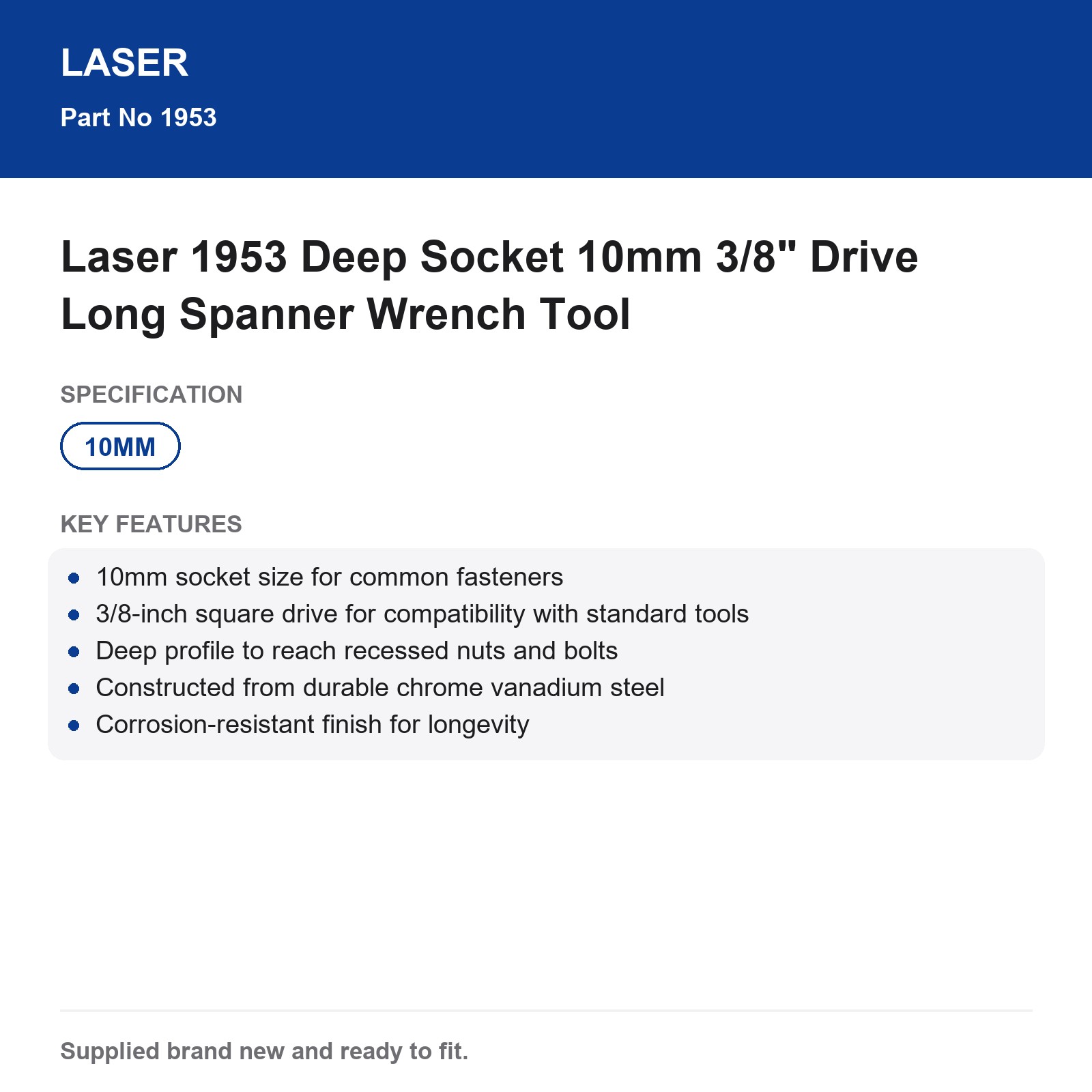 Laser 1953 Deep Socket 10mm 3/8" Drive - Image 3