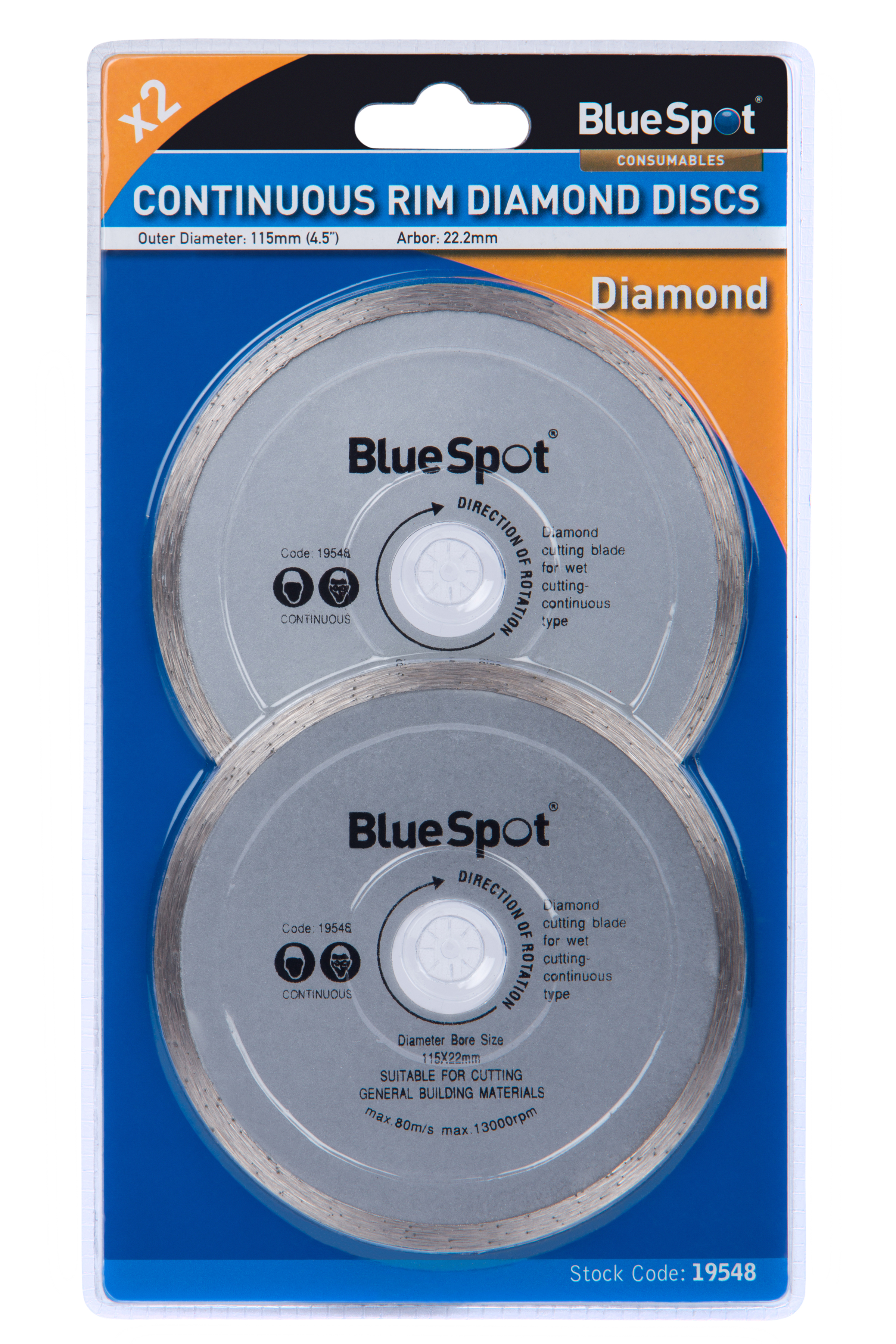 Diamond Cutting Discs 115mm (4.5″) BlueSpot 2pc Continuous Rim