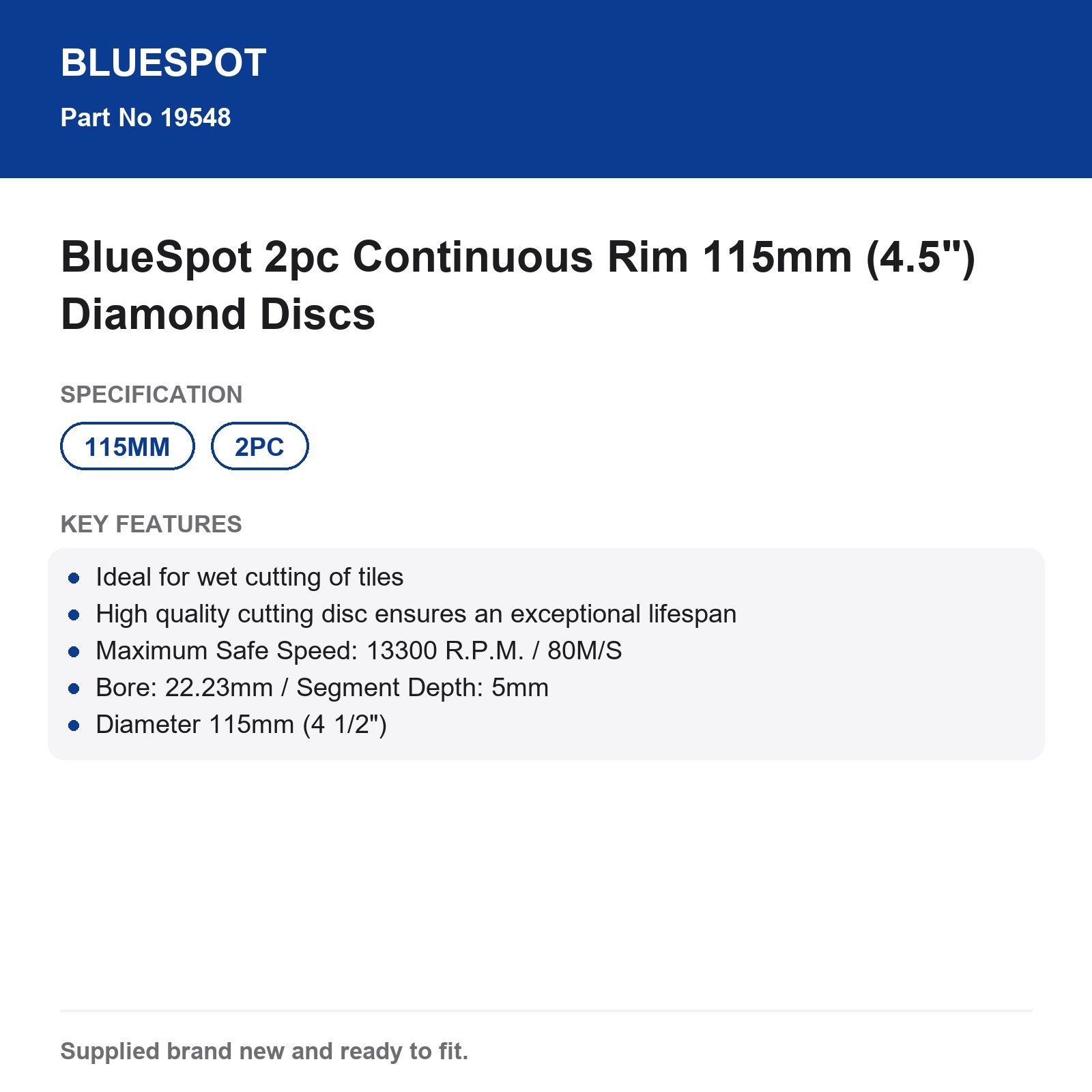 Diamond Cutting Discs 115mm (4.5") BlueSpot 2pc Continuous Rim - Image 4