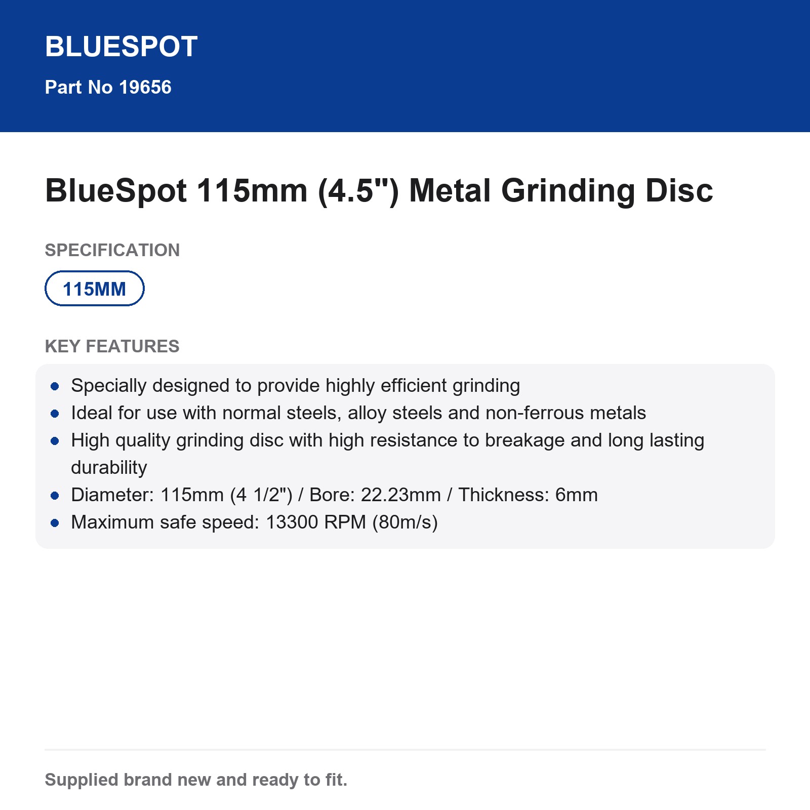 BlueSpot 115mm 4.5" Metal Grinding Disc 6mm 22.23mm Angle Grinder Steel - Image 3