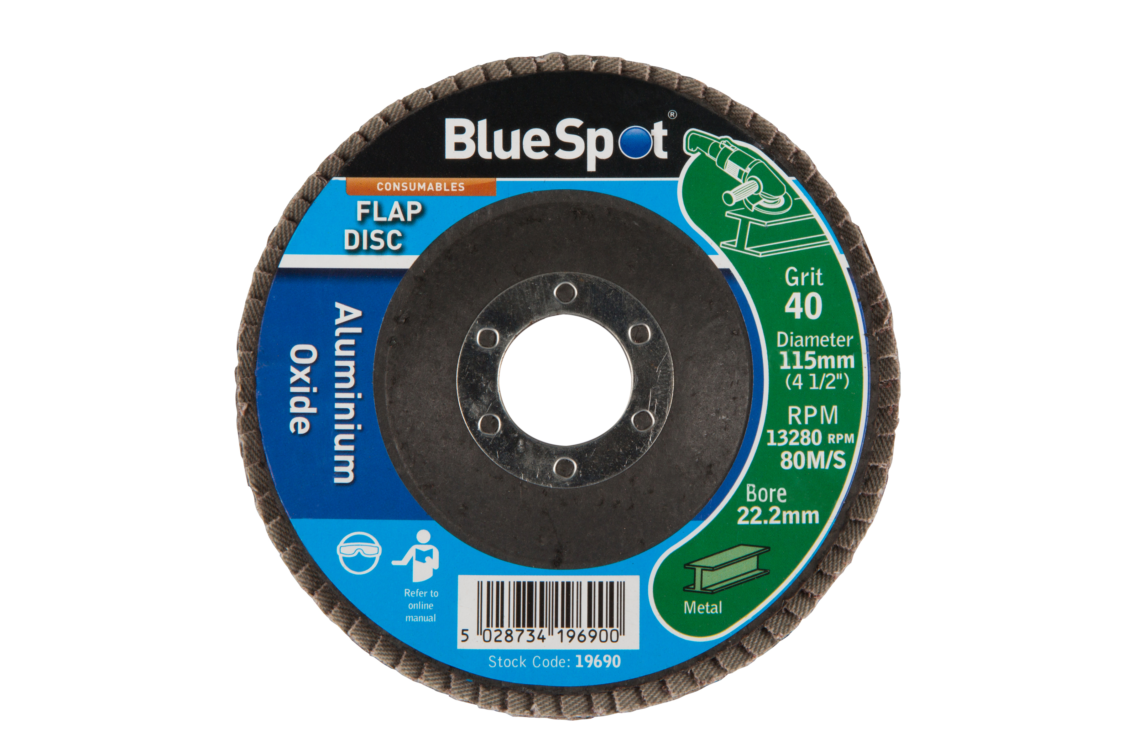 BlueSpot Aluminium Oxide Flap Disc 115mm (4.5″) 40 Grit Angle Grinder