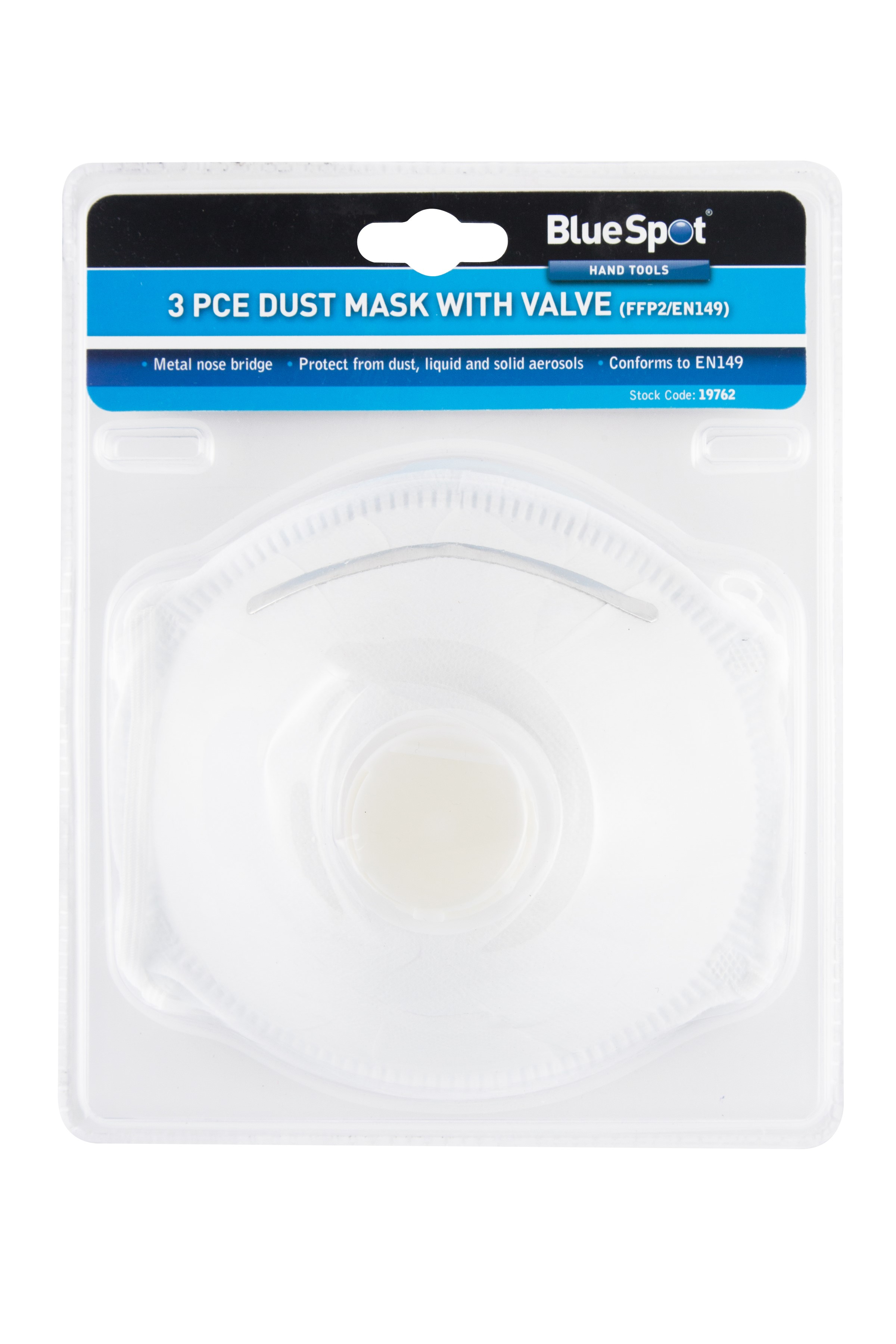 FFP2 Dust Mask Valved 3pc BlueSpot EN149 Dust Liquid Solid Aerosol