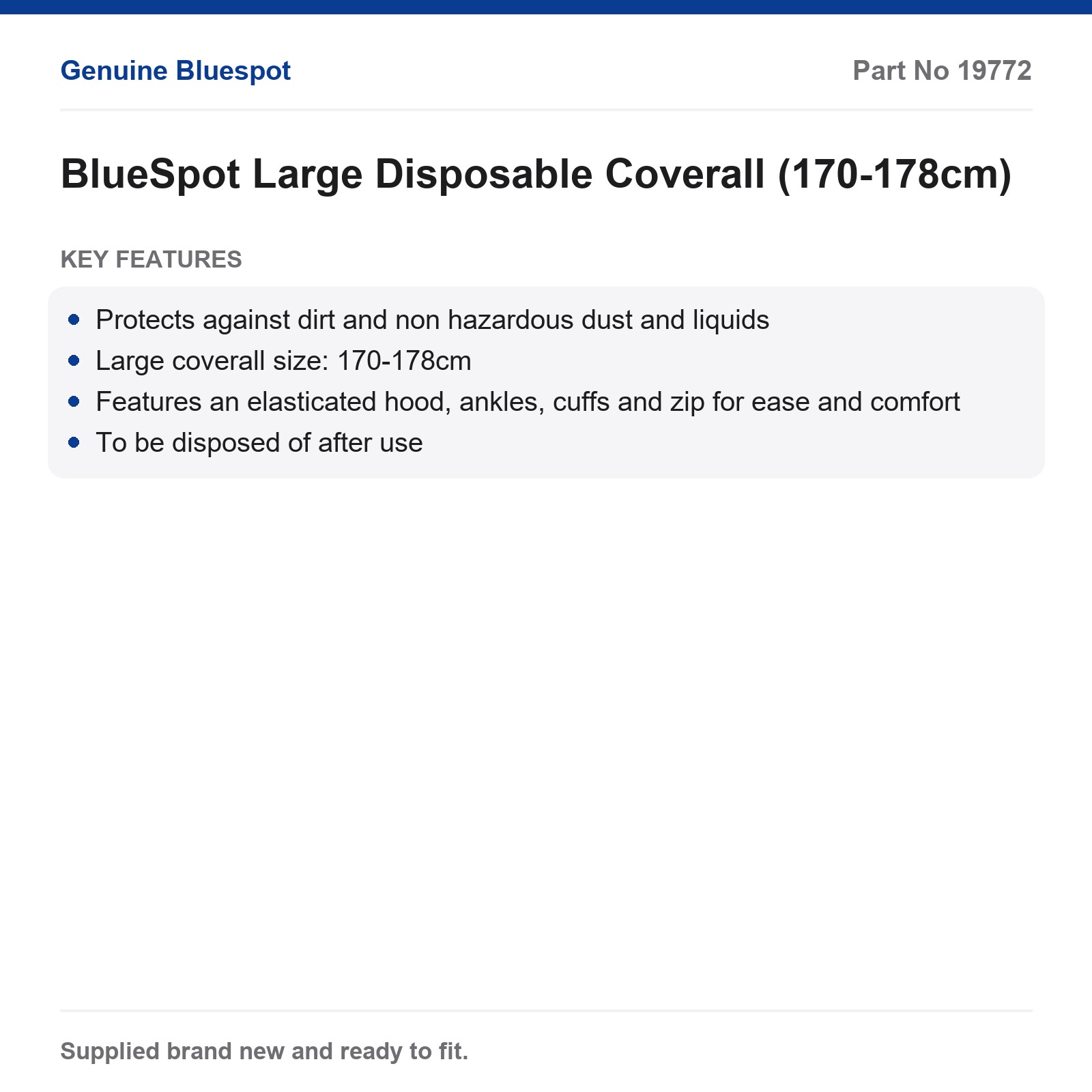 BlueSpot Large Disposable Coverall 170-178cm Dust Liquid Elasticated - Image 3