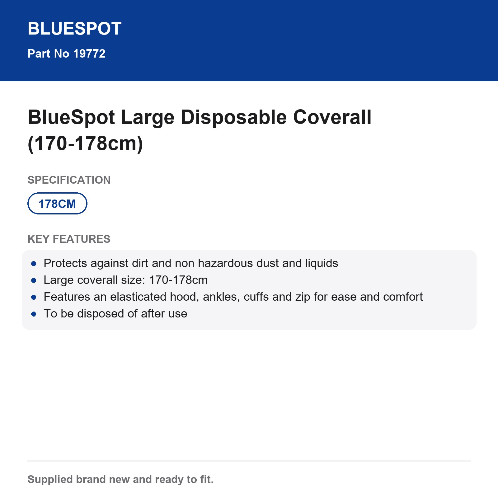BlueSpot Large Disposable Coverall 170-178cm Dust Liquid Elasticated - Image 4