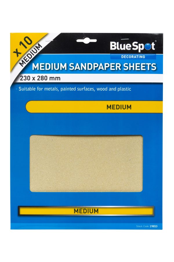 BlueSpot 10pc Medium Sandpapers Resin Bonded Aluminium Oxide Metal Wood Plastic