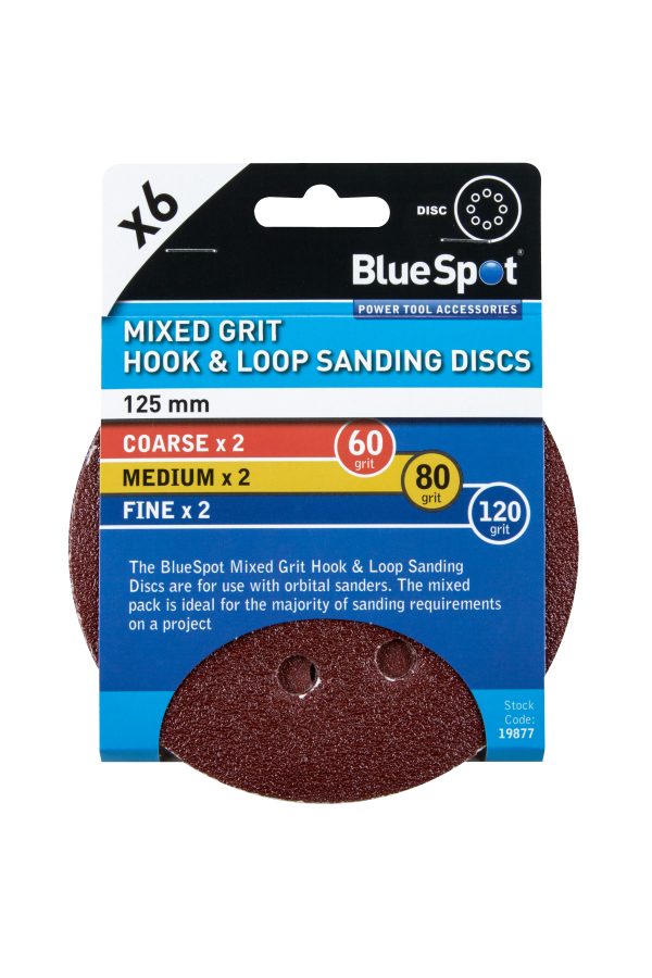 Bluespot 6pk 125mm Hook & Loop Sanding Discs 60 80 120 Grit Wood Metal Paint