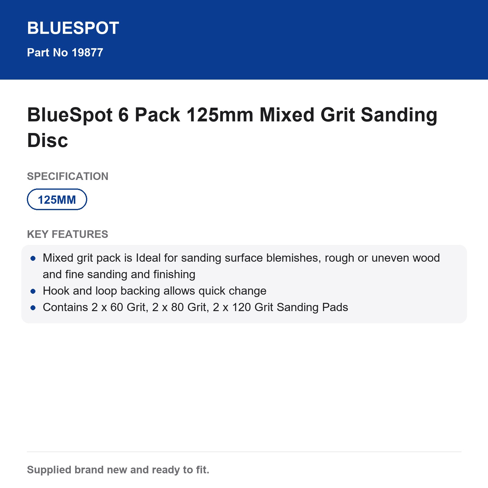 Bluespot 6pk 125mm Hook & Loop Sanding Discs 60 80 120 Grit Wood Metal Paint - Image 4