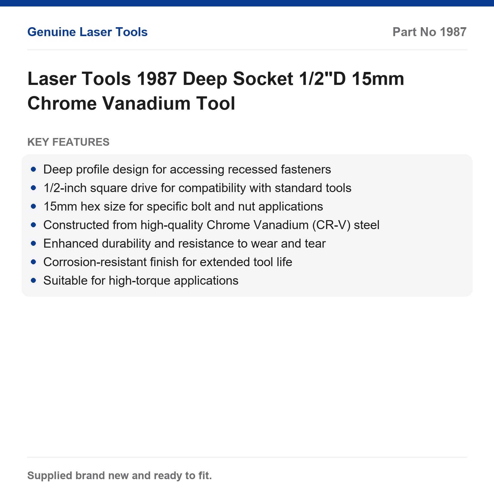Laser Tools 1987 15mm Deep Socket 1/2"D Chrome Vanadium CR-V - Image 2