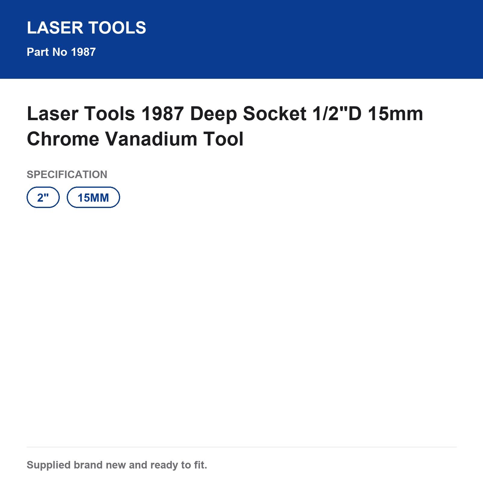 Laser Tools 1987 15mm Deep Socket 1/2"D Chrome Vanadium CR-V - Image 3