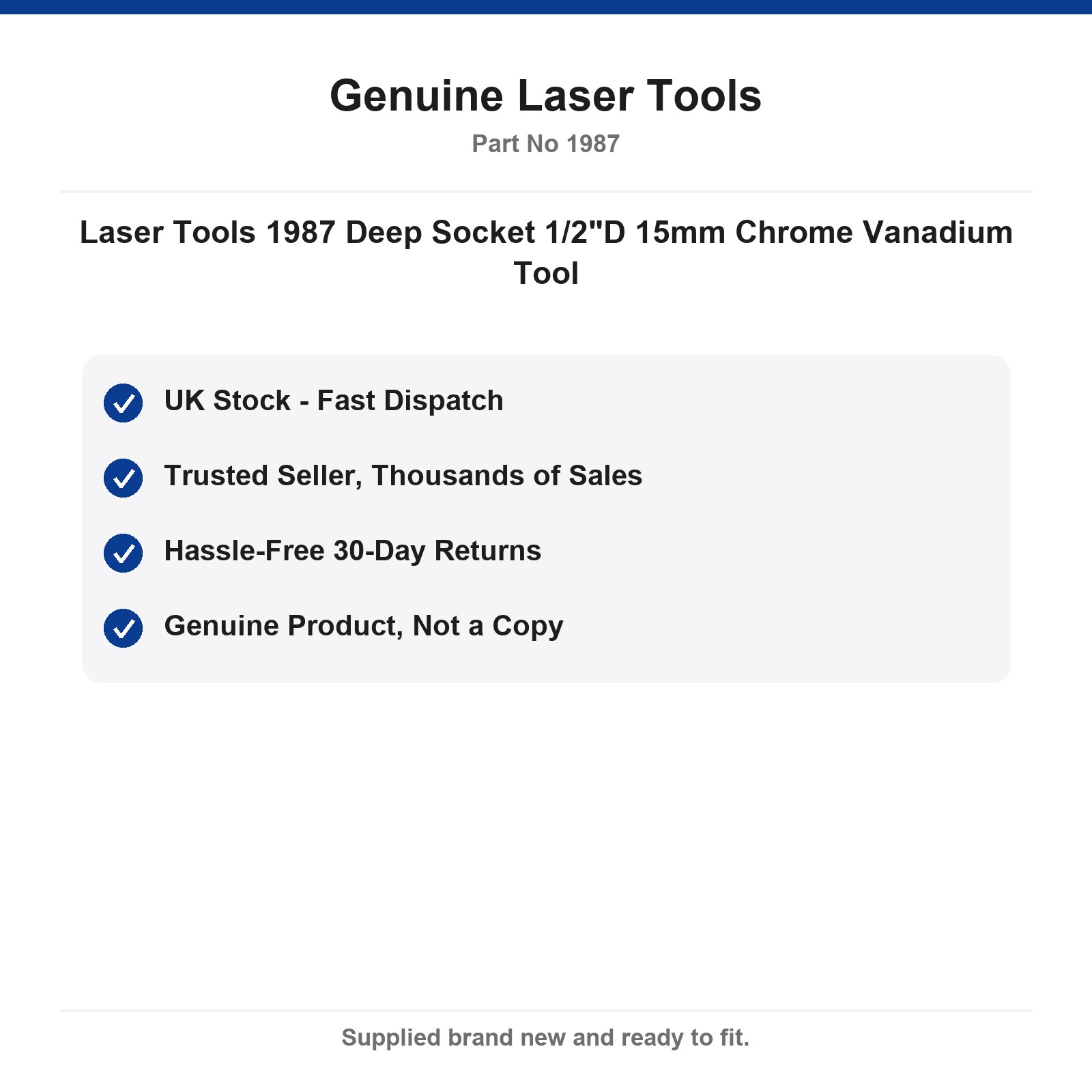 Laser Tools 1987 15mm Deep Socket 1/2"D Chrome Vanadium CR-V - Image 4