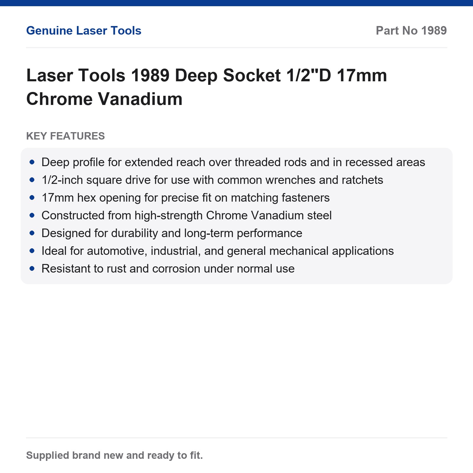 Laser Tools 1989 17mm Deep Socket 1/2"D Chrome Vanadium - Image 2