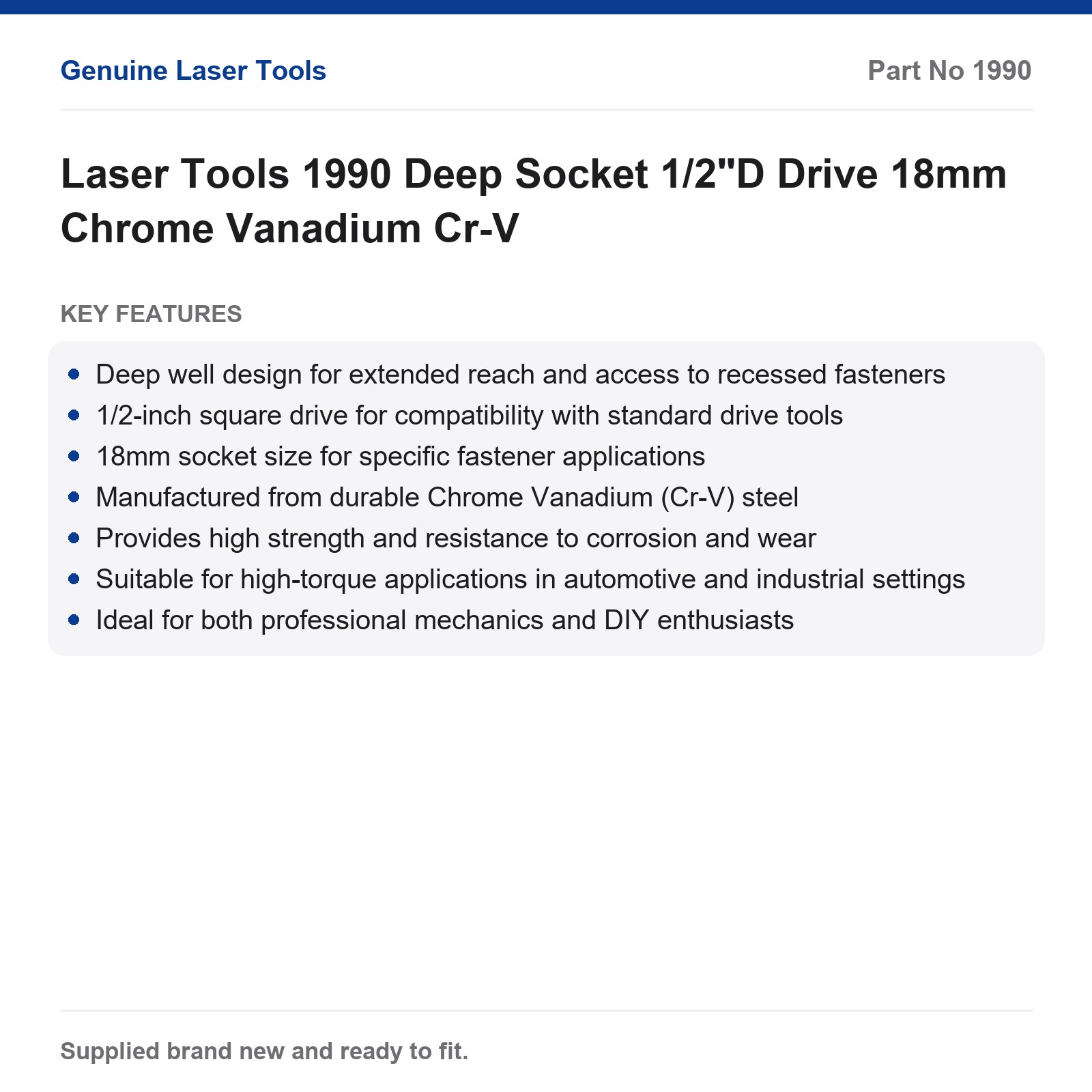 Laser Tools 1990 Deep Socket 1/2" Drive 18mm Cr-V - Image 2