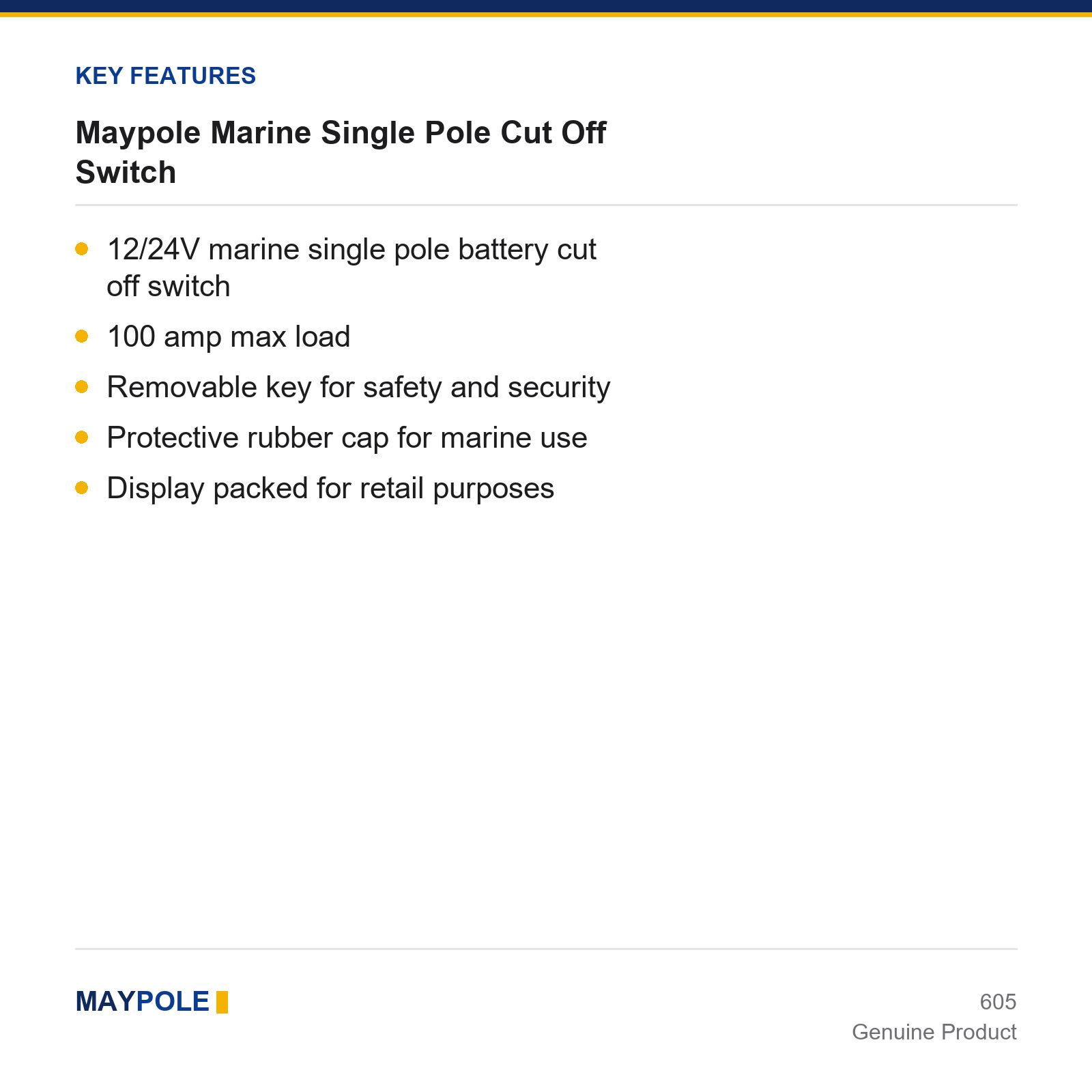 Maypole Marine Single Pole Cut Off Switch Trailer Caravan Car Van Towing Towbar - Image 3