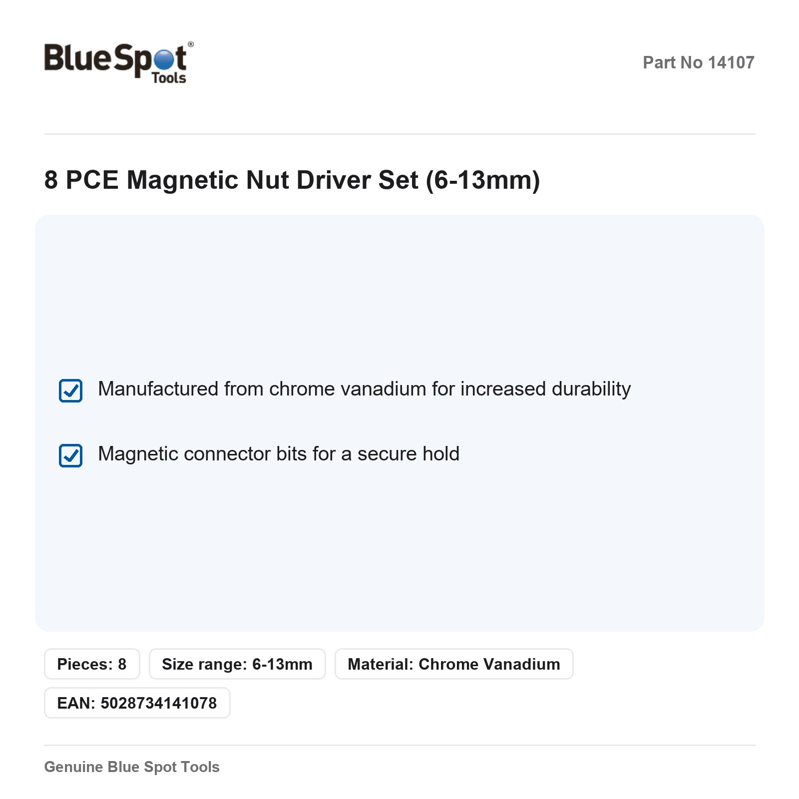 BlueSpot 8pc Magnetic Nut Driver Set 6-13mm Screwdriver Chrome Vanadium - Image 3