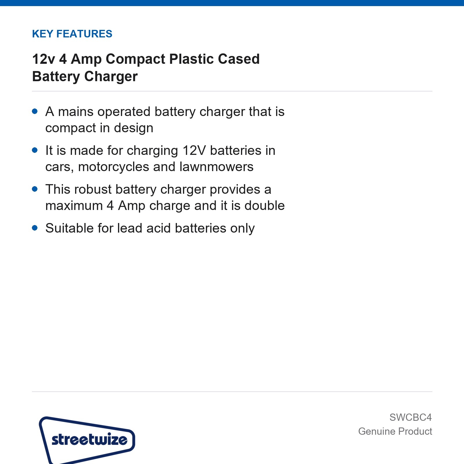 12V 4 Amp Battery Charger Car Van Caravan Streetwize Compact - Image 4