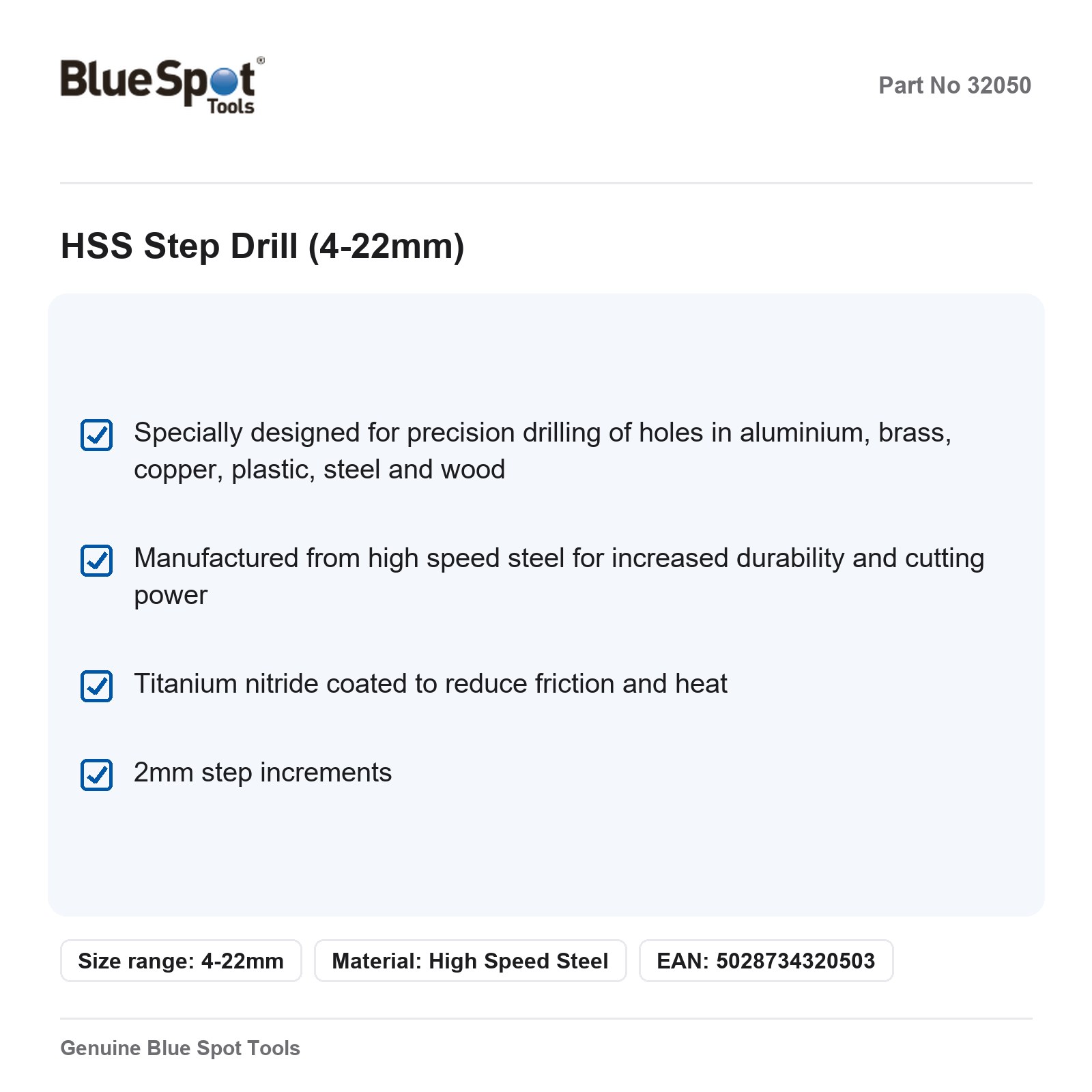 Bluespot HSS TiN Step Drill Bit 4-22mm 2mm Multi-Material Precision - Image 3