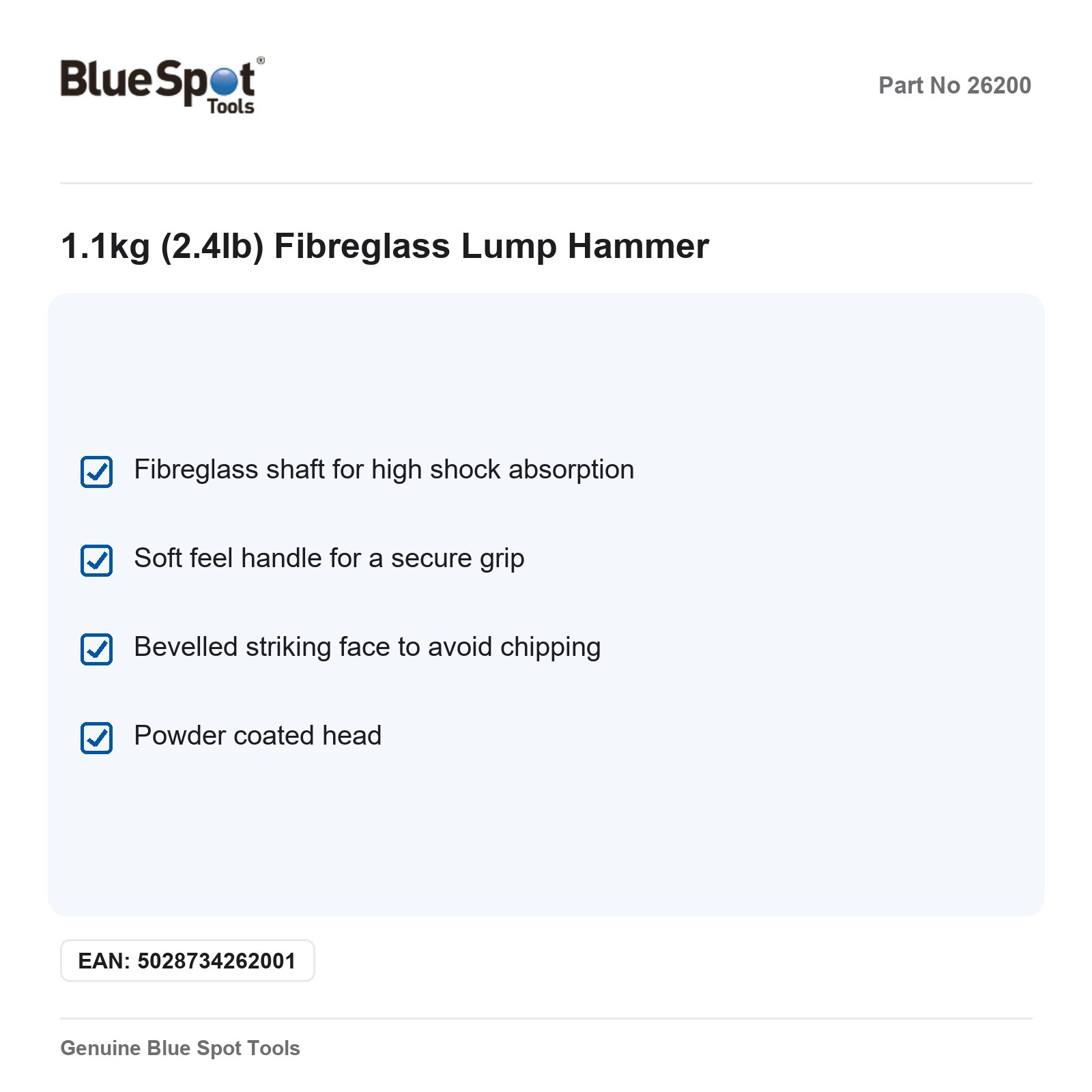 BlueSpot 1.1kg 2.4lb Fibreglass Lump Hammer Mallet - Image 3