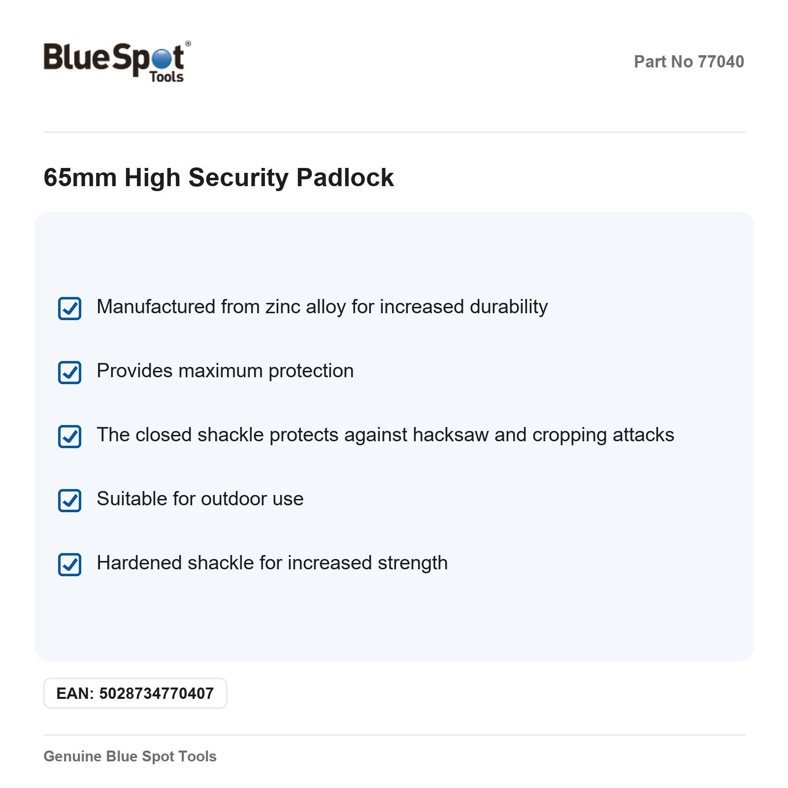 BlueSpot 65mm High Security Padlock Closed Shackle Outdoor 4 Keys - Image 3