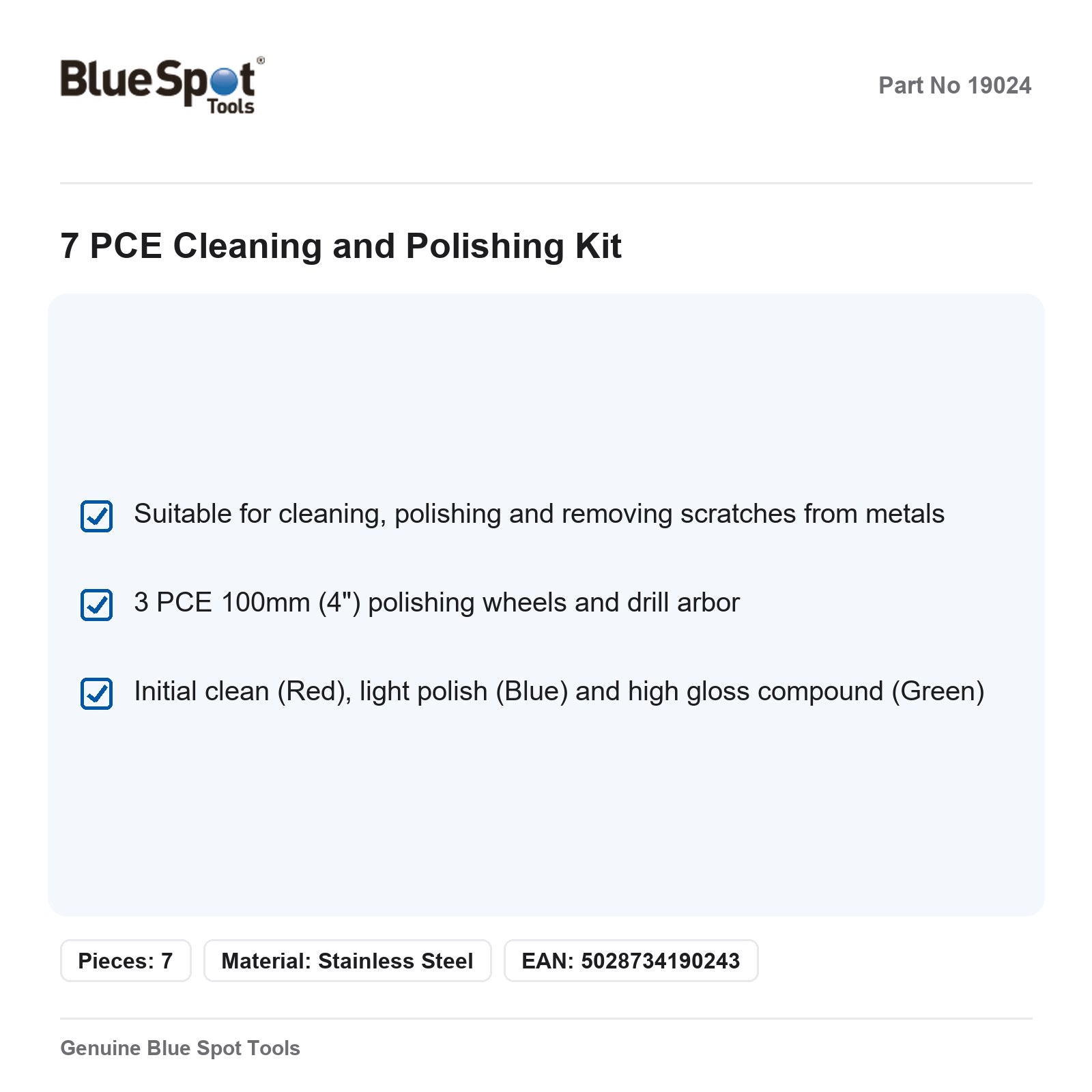 BlueSpot 7pc Metal Cleaning Polishing Kit Drill Scratch Removal - Image 3