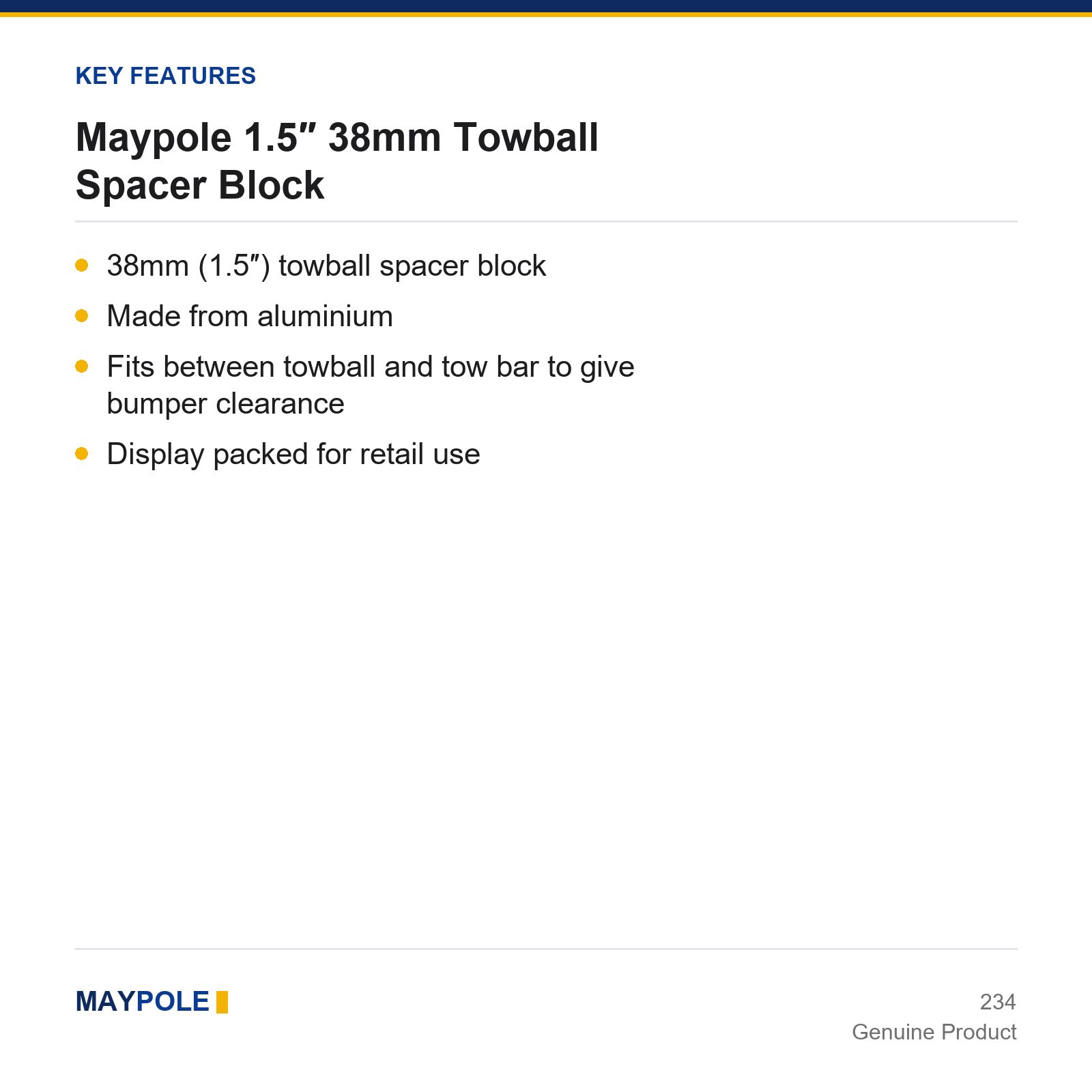 Maypole 1.5″ 38mm Towball Spacer Block Car Caravan Trailer Towing Towbar Hitch - Image 3
