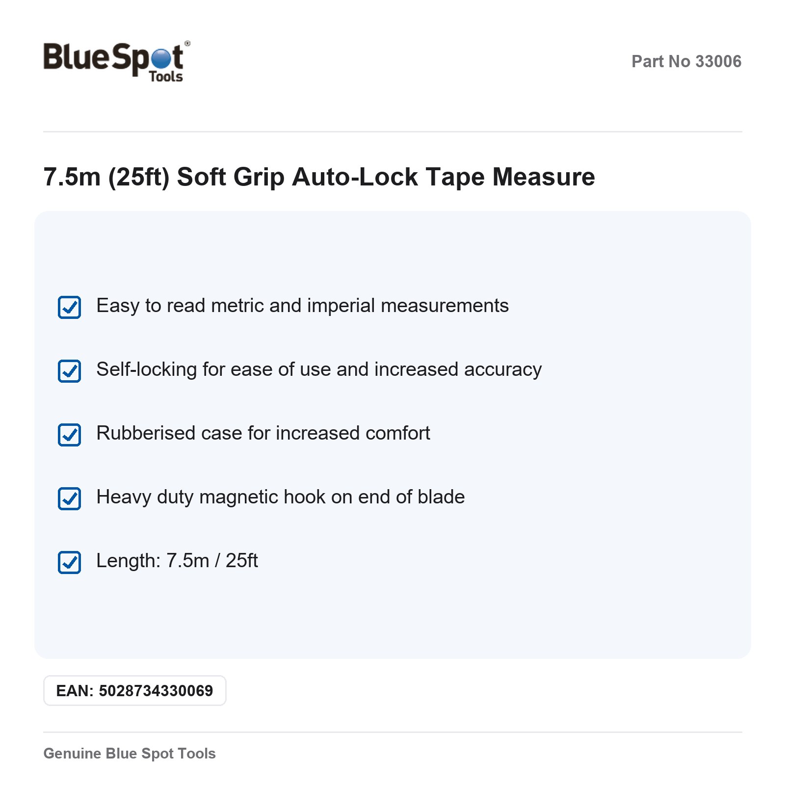 BlueSpot 7.5m 25ft Self-Lock Magnetic Tape Measure Soft Grip - Image 2