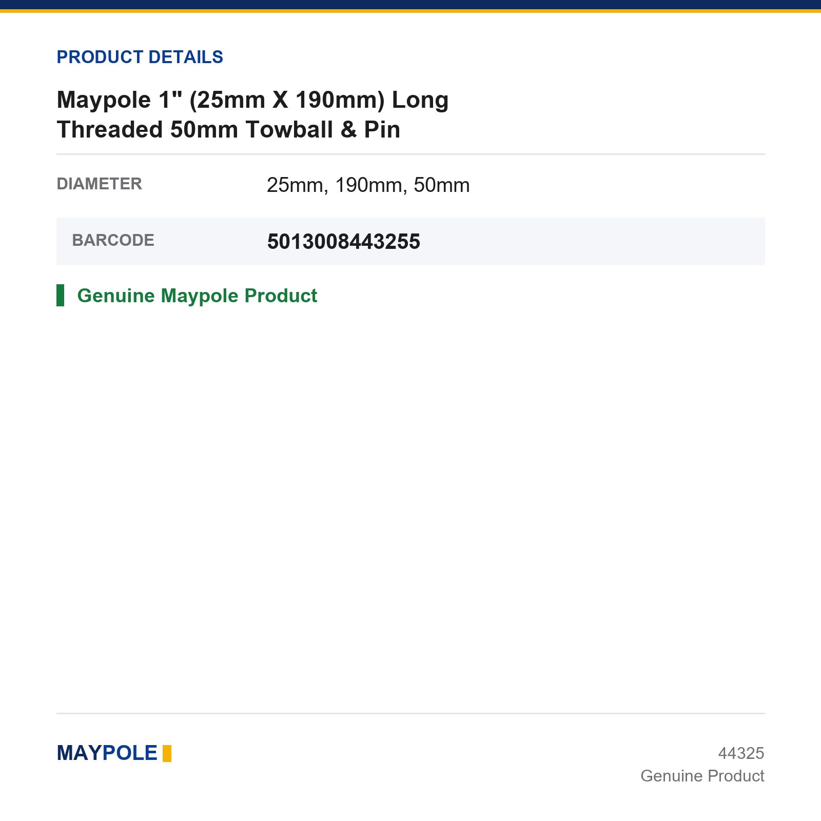 Maypole 50mm Towball & Pin Long Threaded 1" 25mm 190mm Car Caravan Trailer - Image 3