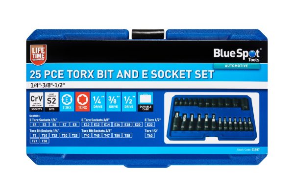Bluespot 25pc Torx Bit & E Socket Set 1/4″ 3/8″ 1/2″ Chrome Vanadium S2 Tray