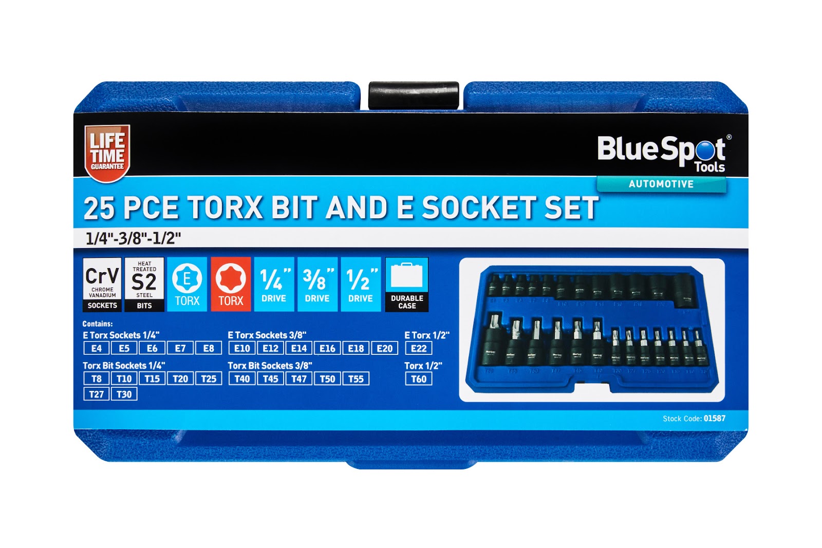 Bluespot 25pc Torx Bit & E Socket Set 1/4″ 3/8″ 1/2″ Chrome Vanadium S2 Tray