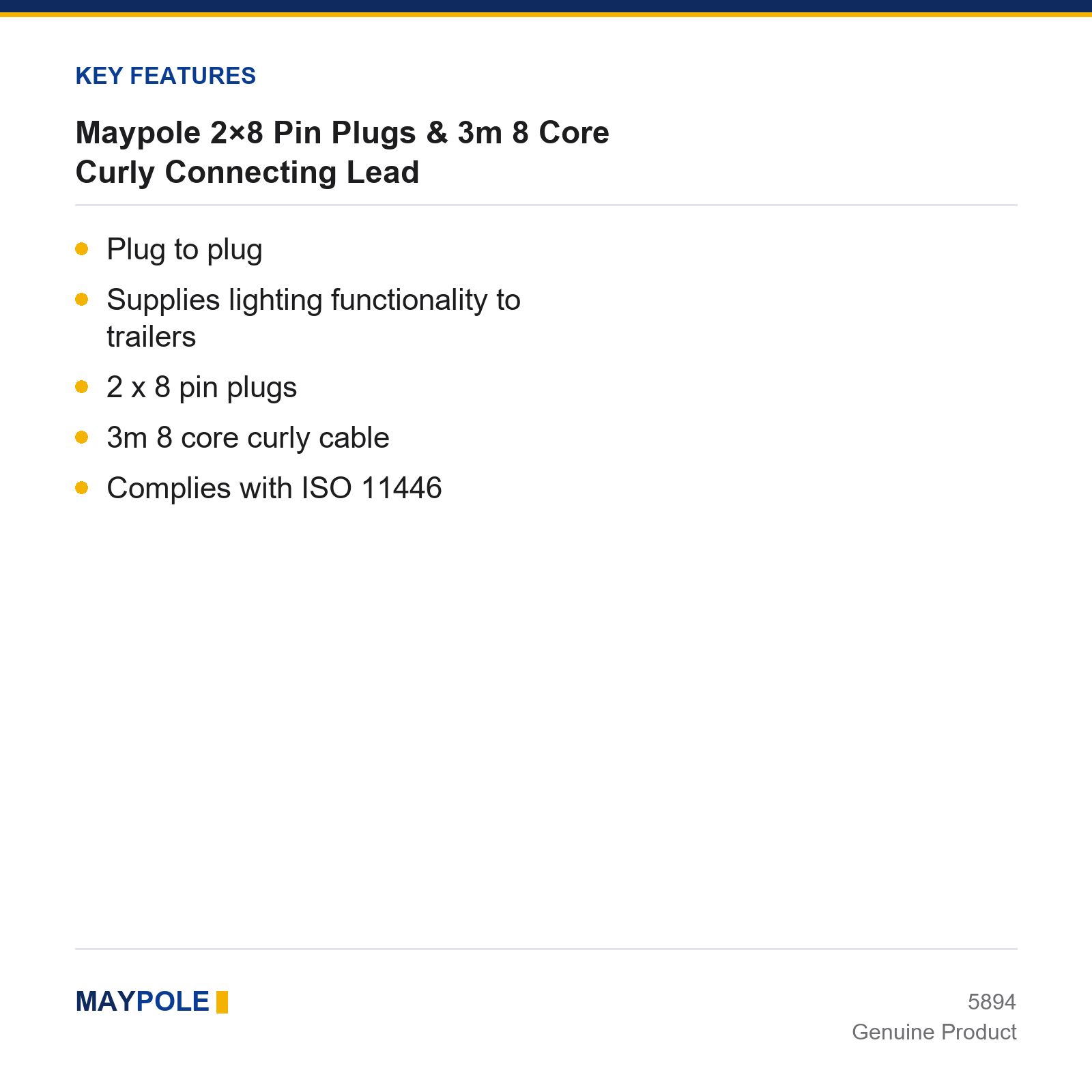 Maypole 3m 8 Core Curly Connecting Lead 2x8 Pin Plugs Trailer Towbar - Image 2