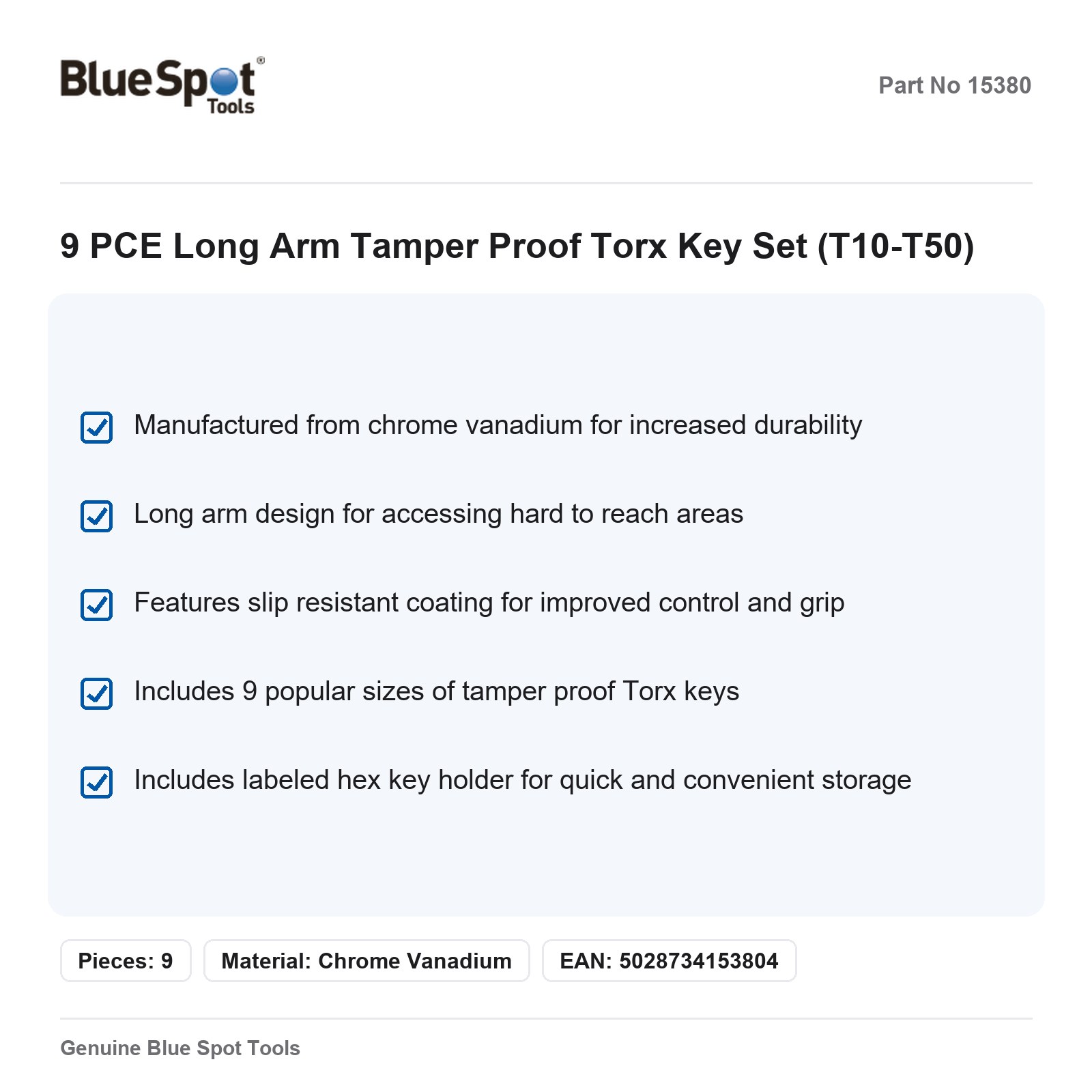 BlueSpot 9pc Long Arm Tamper Proof Torx Key Set T10-T50 Security Hex Wrench - Image 3