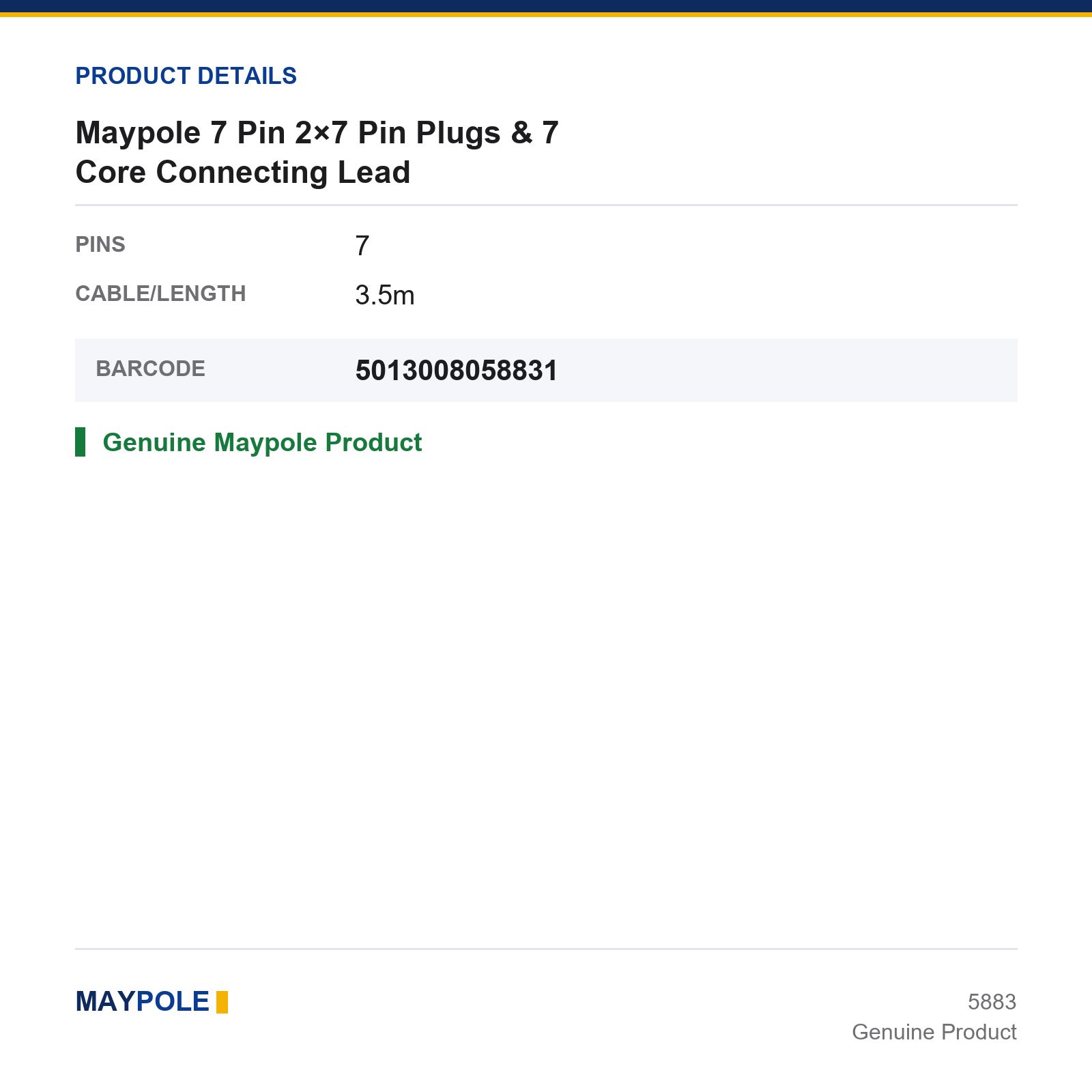 Maypole 2x7 Pin Plugs 7 Core Connecting Lead Trailer Towing Towbar - Image 3