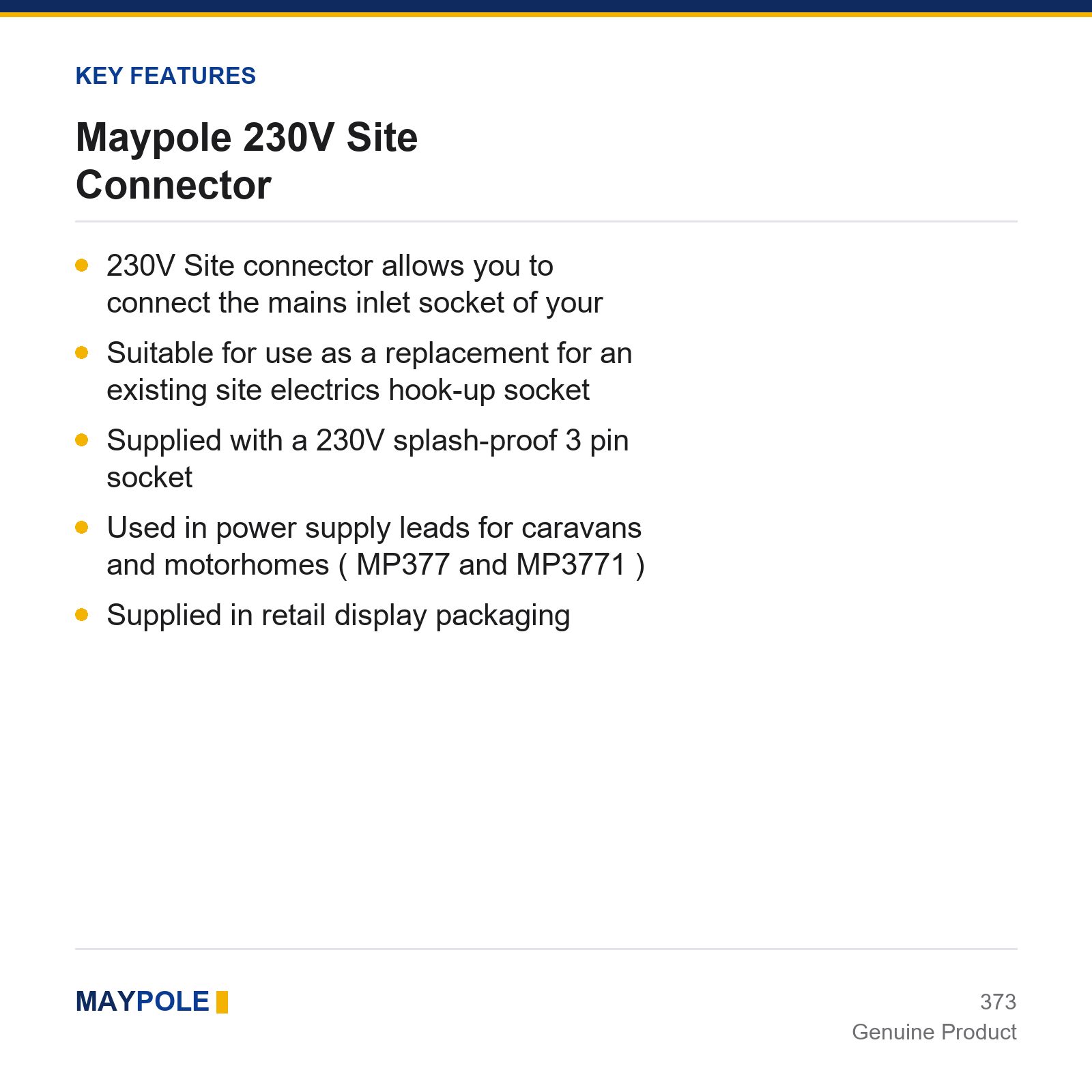 Maypole 230V 16A 3 Pin Site Connector Caravan Trailer Motorhome IP44 Hook Up - Image 3