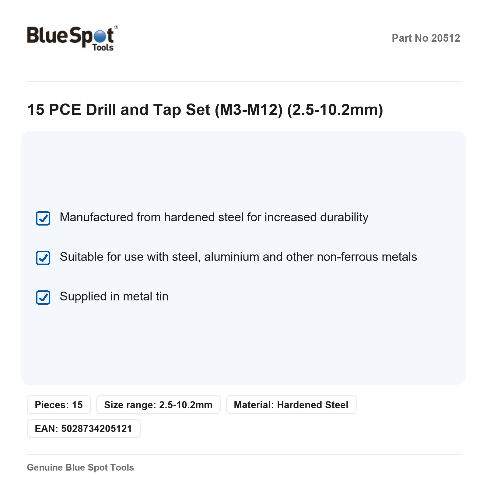 BlueSpot 15pc Drill and Tap Set M3-M12 2.5-10.2mm Thread Repair Metric - Image 3