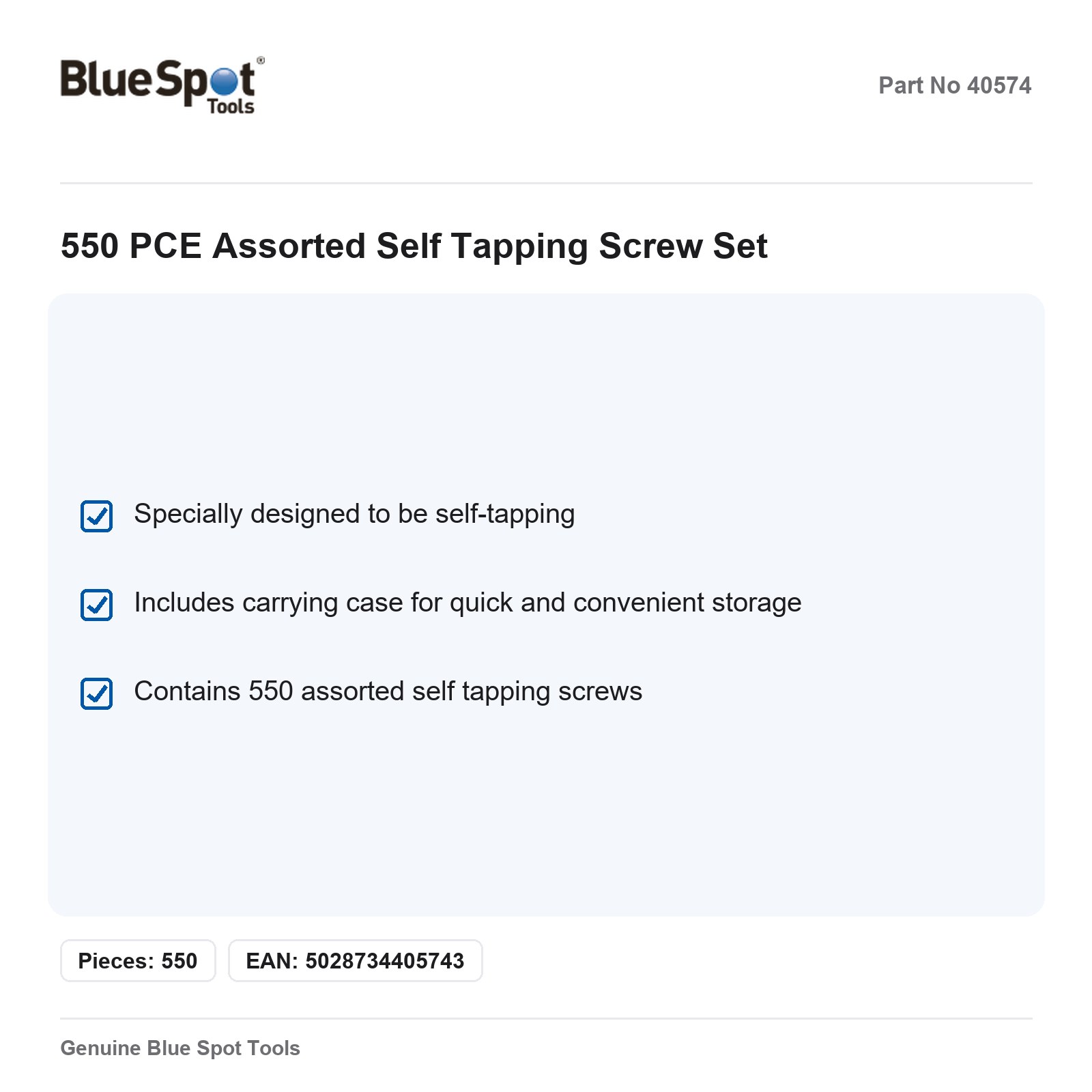 BlueSpot 550pc Assorted Self Tapping Screw Set with Case - Image 3