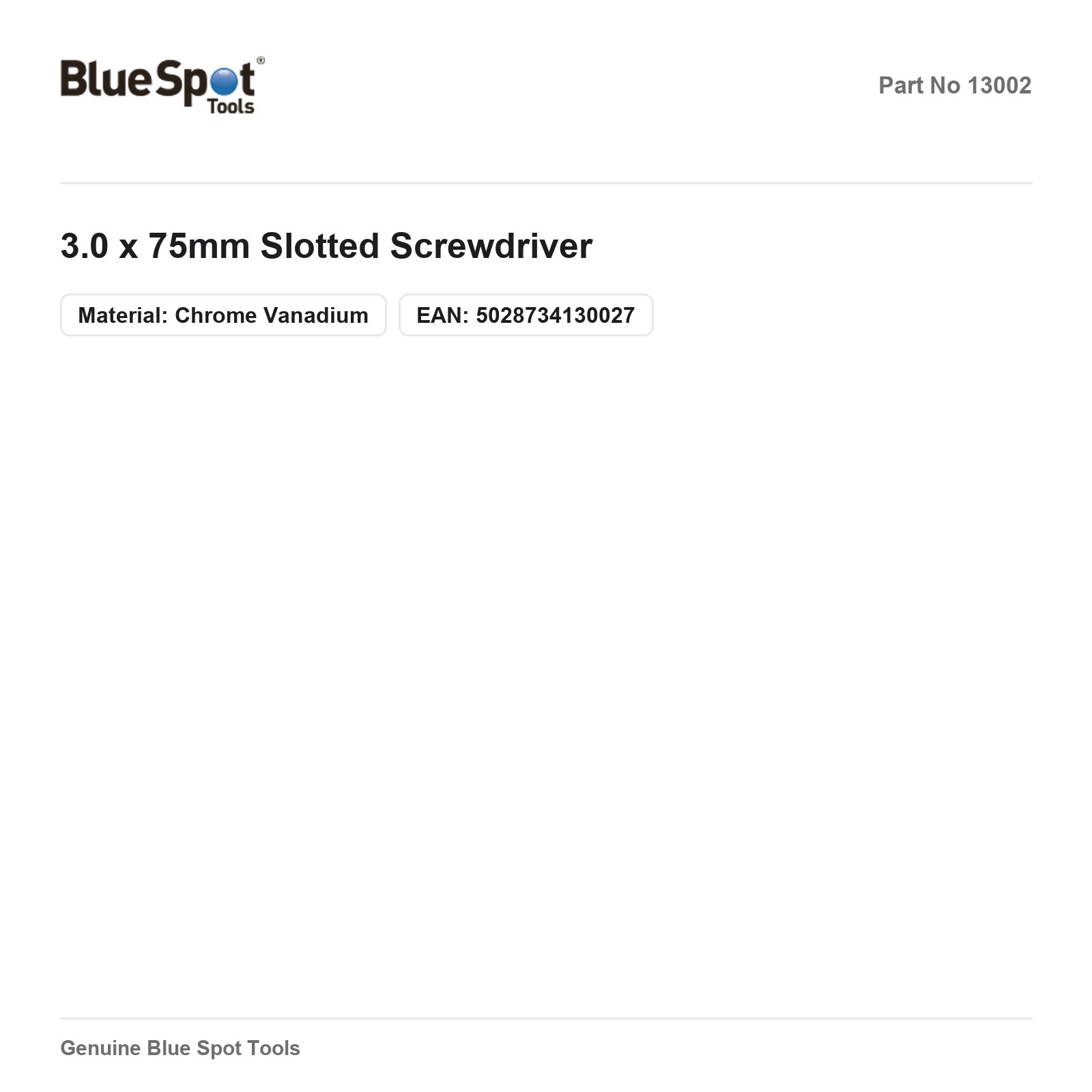 BlueSpot 3.0 x 75mm Slotted Screwdriver Chrome Vanadium - Image 2