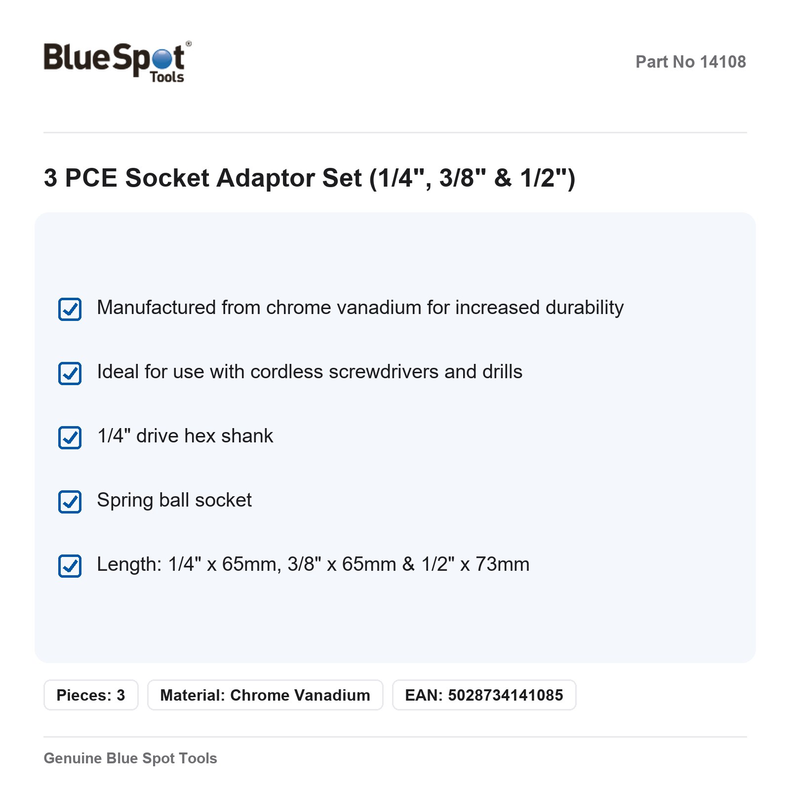 BlueSpot 3pc Socket Adaptor Set 1/4in 3/8in 1/2in Drill Chrome Vanadium - Image 3