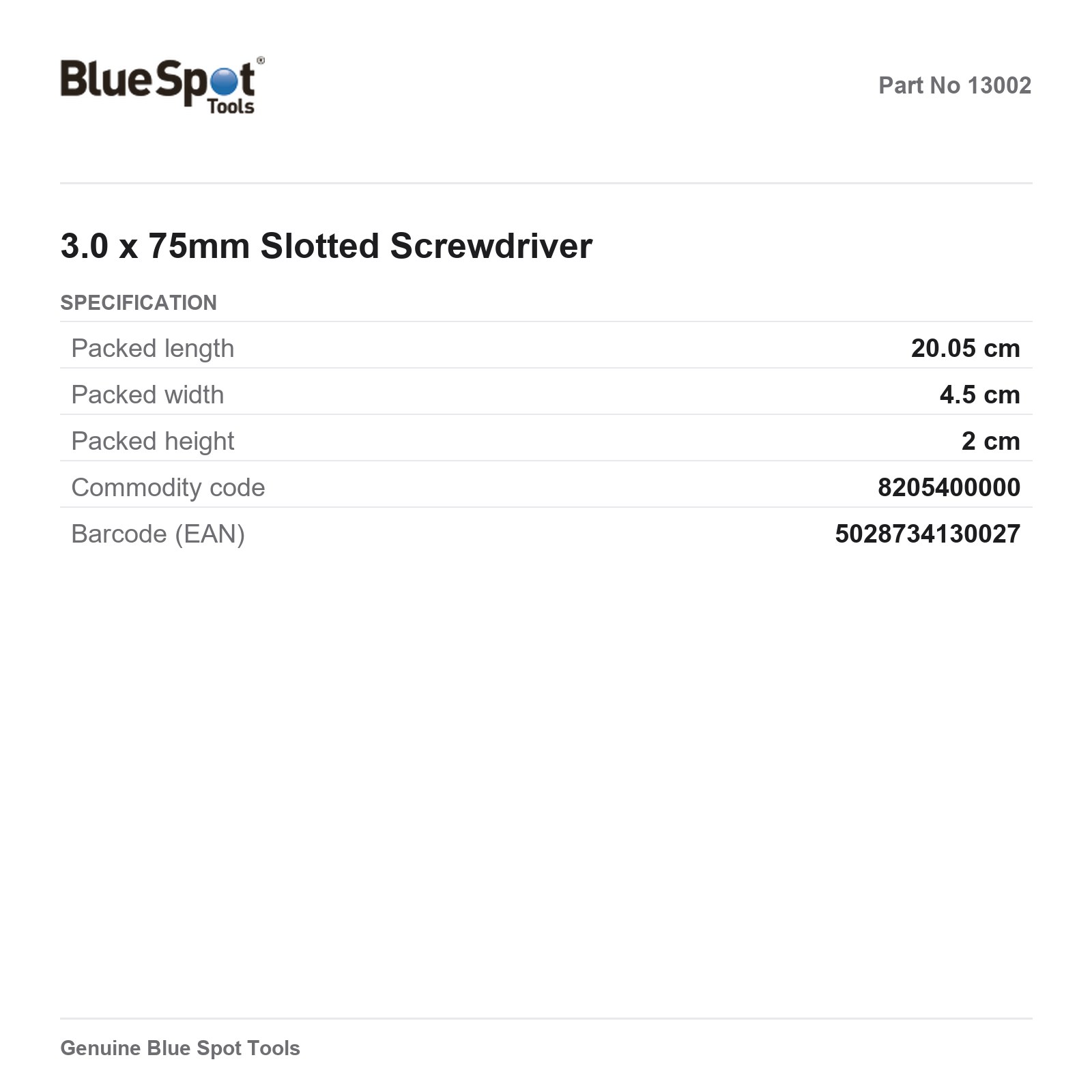 BlueSpot 3.0 x 75mm Slotted Screwdriver Chrome Vanadium - Image 3
