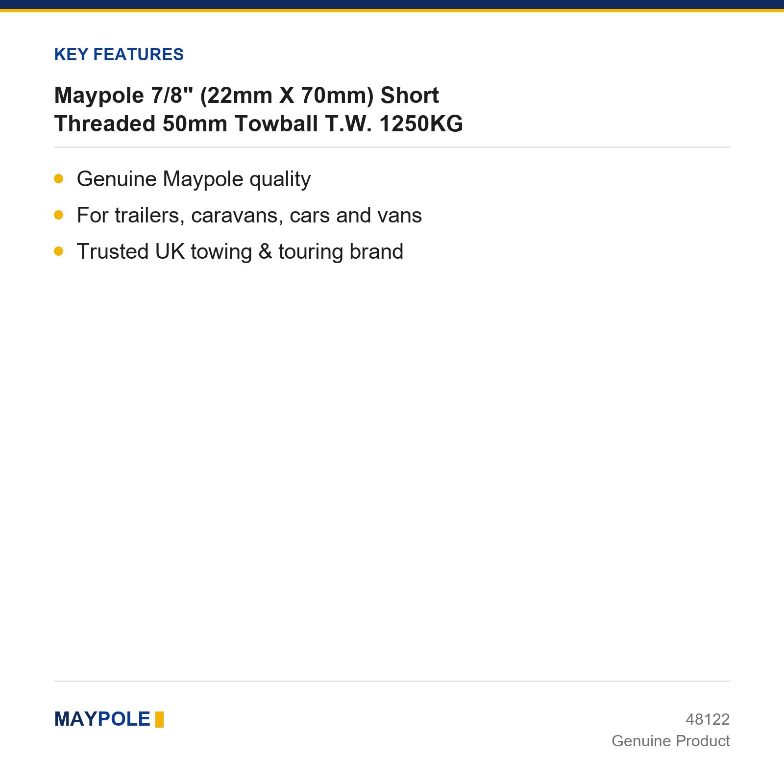 Maypole 50mm Towball Short Threaded 7/8" (22x70mm) 1250KG - Image 2