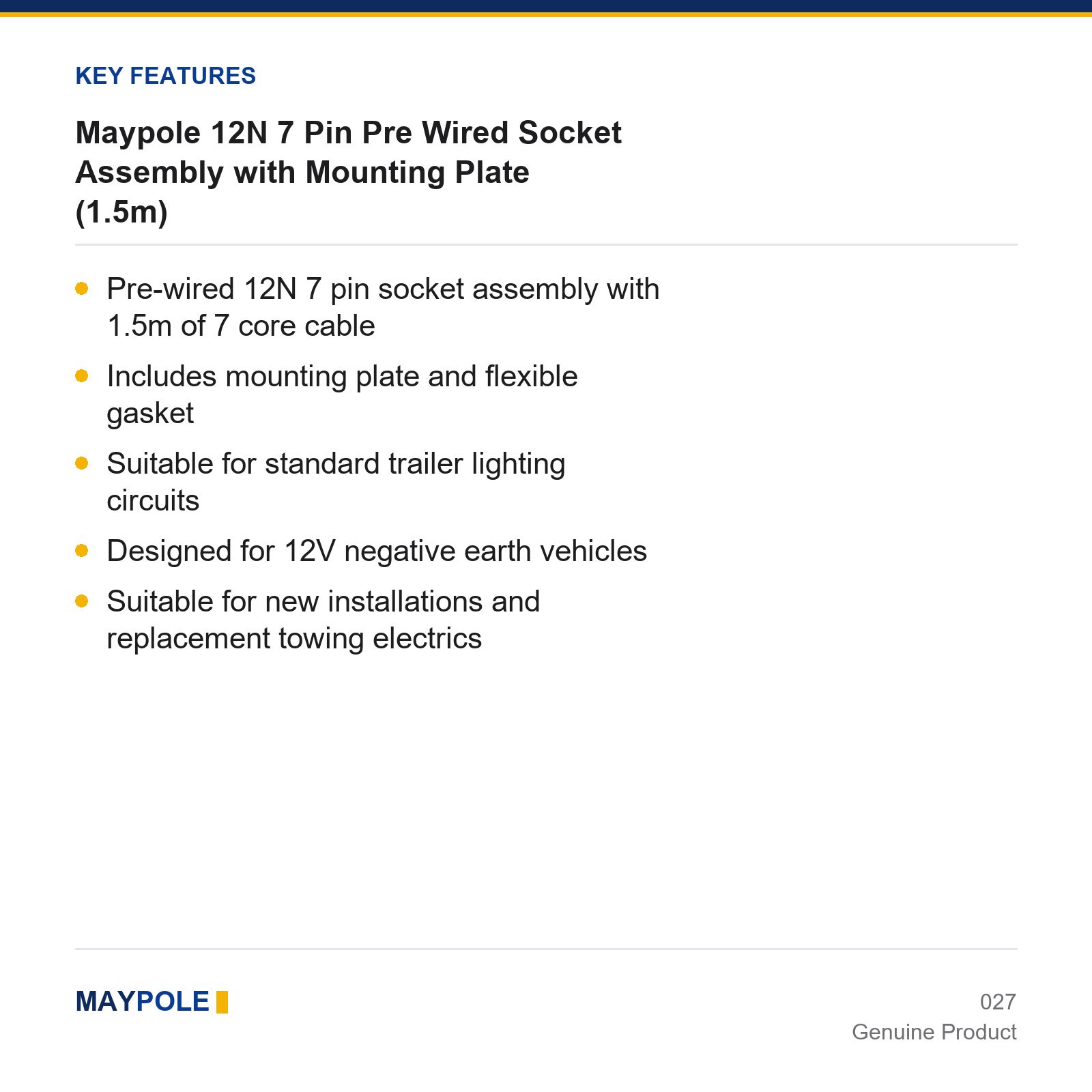 Maypole 12N 7 Pin Pre-Wired Trailer Socket Mounting Plate 1.5m Cable - Image 3