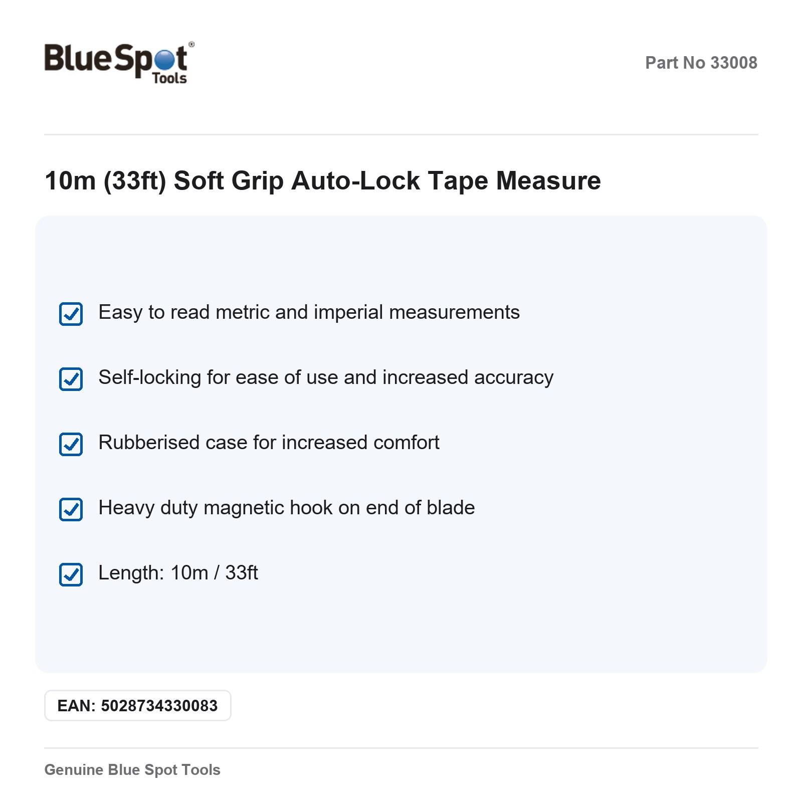 BlueSpot Magnetic Auto-Lock Tape Measure 10m 33ft Soft Grip - Image 3