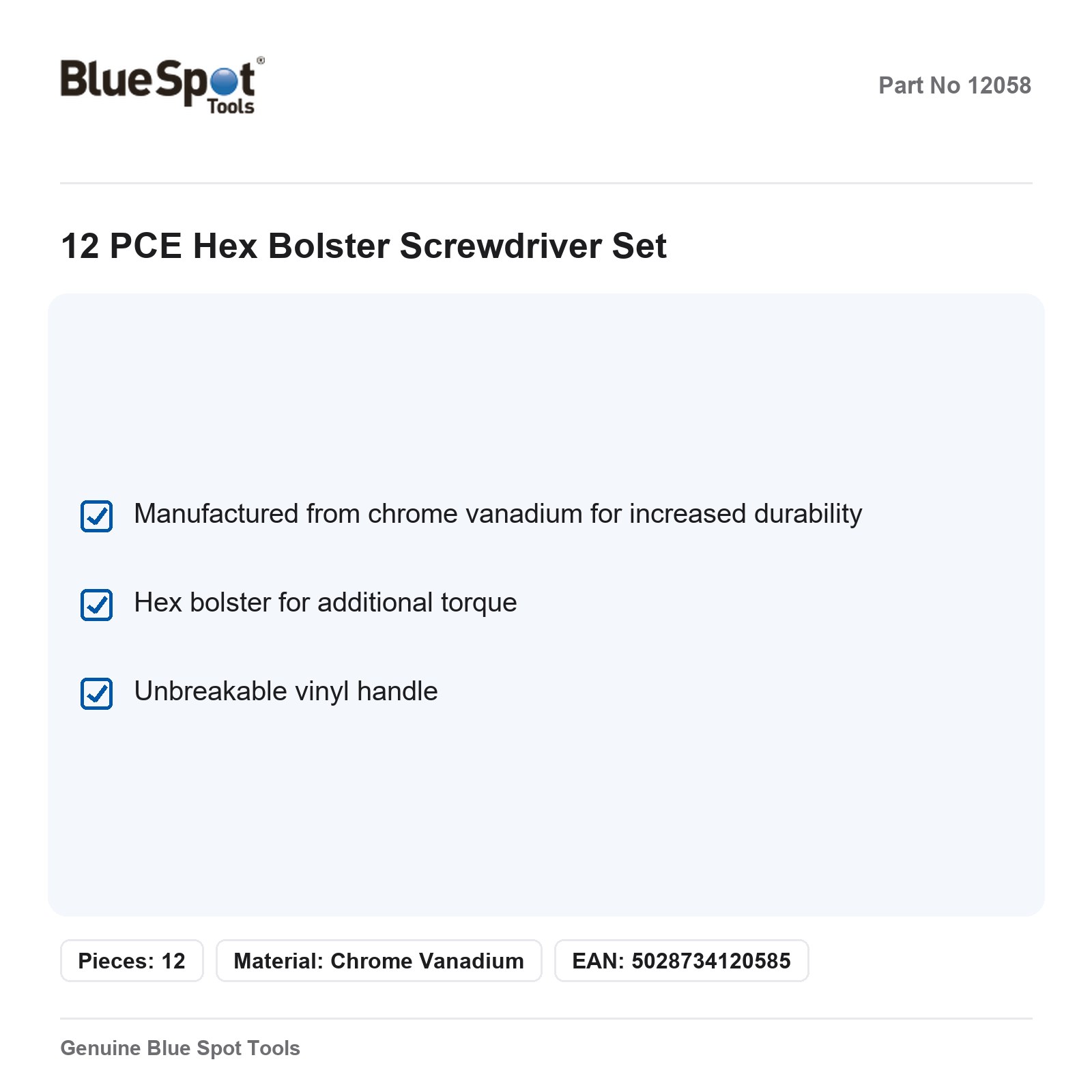 BlueSpot 12pc Hex Bolster Screwdriver Set Chrome Vanadium - Image 3