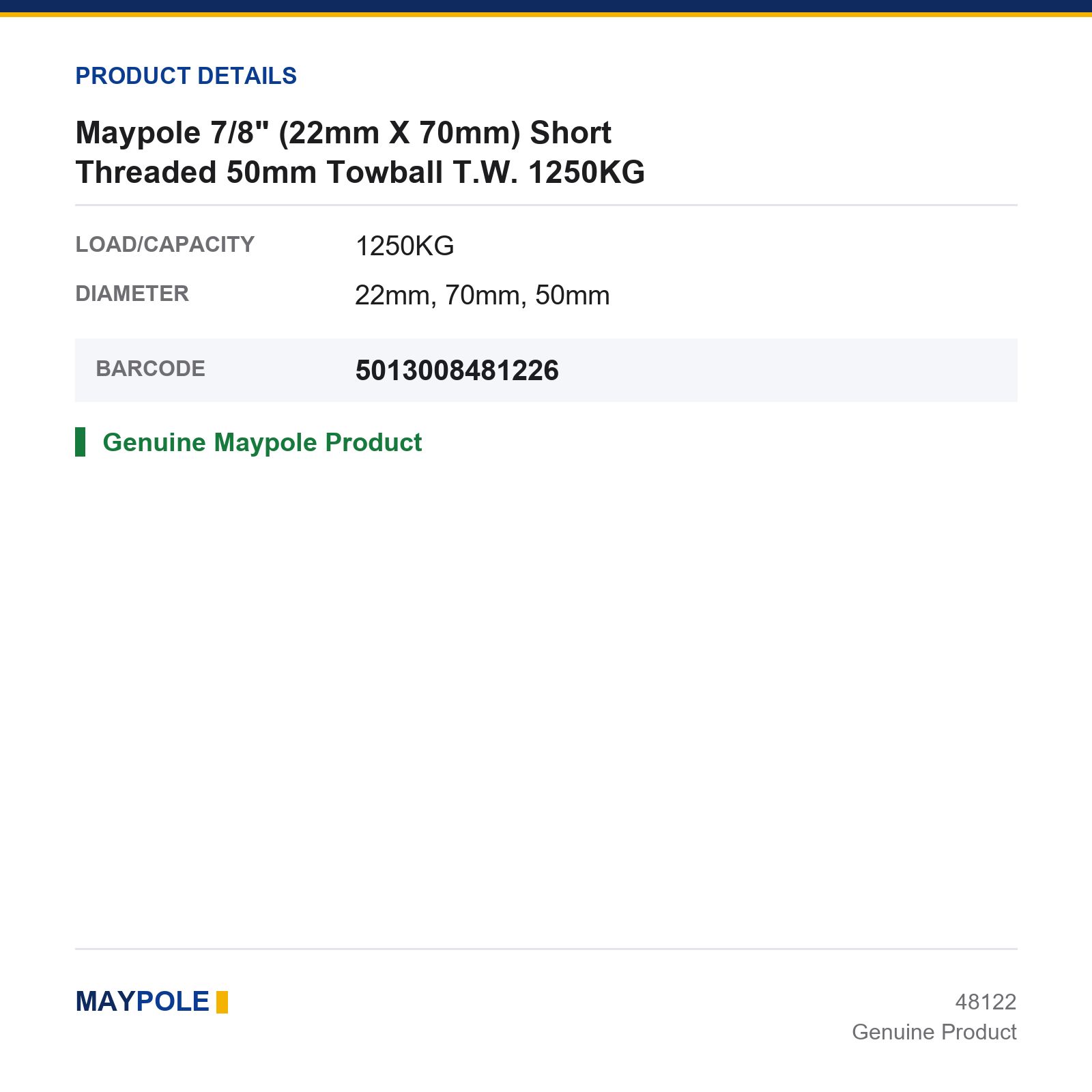 Maypole 50mm Towball Short Threaded 7/8" (22x70mm) 1250KG - Image 3