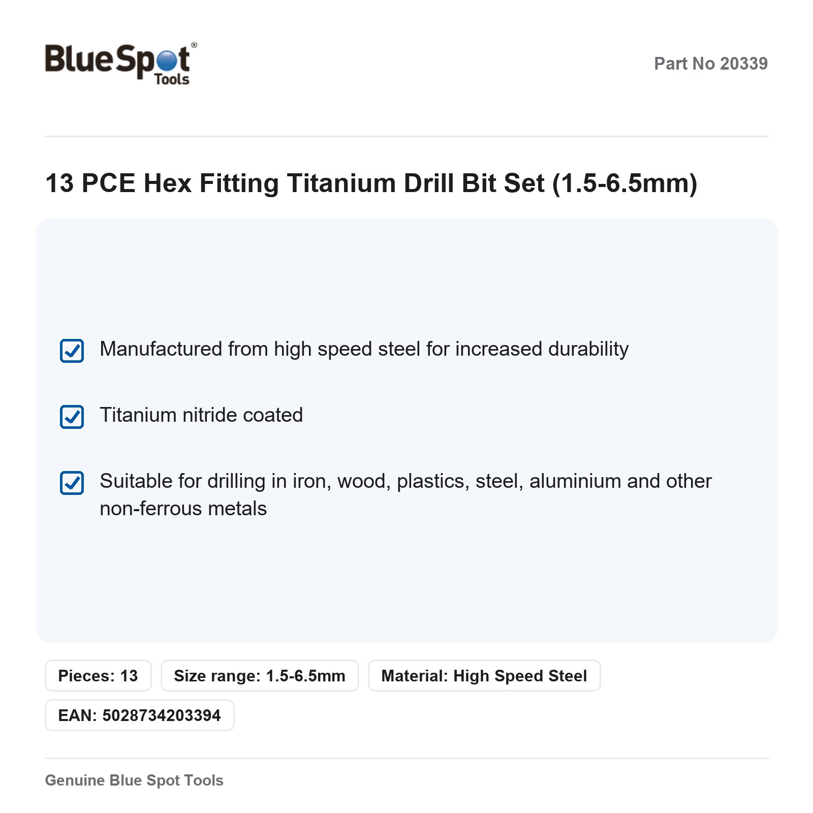BlueSpot 13pc Hex Titanium HSS Drill Bit Set 1.5-6.5mm for Metal - Image 3