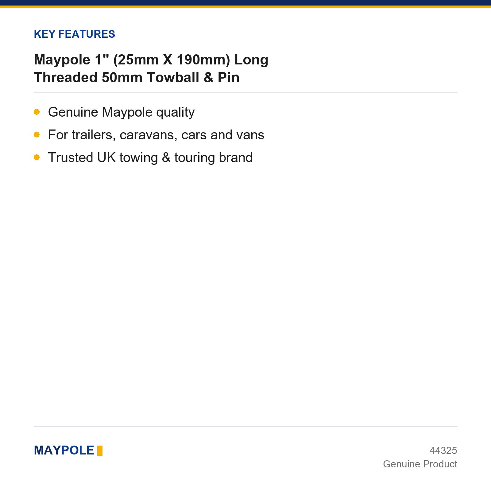 Maypole 50mm Towball & Pin Long Threaded 1" 25mm 190mm Car Caravan Trailer - Image 2