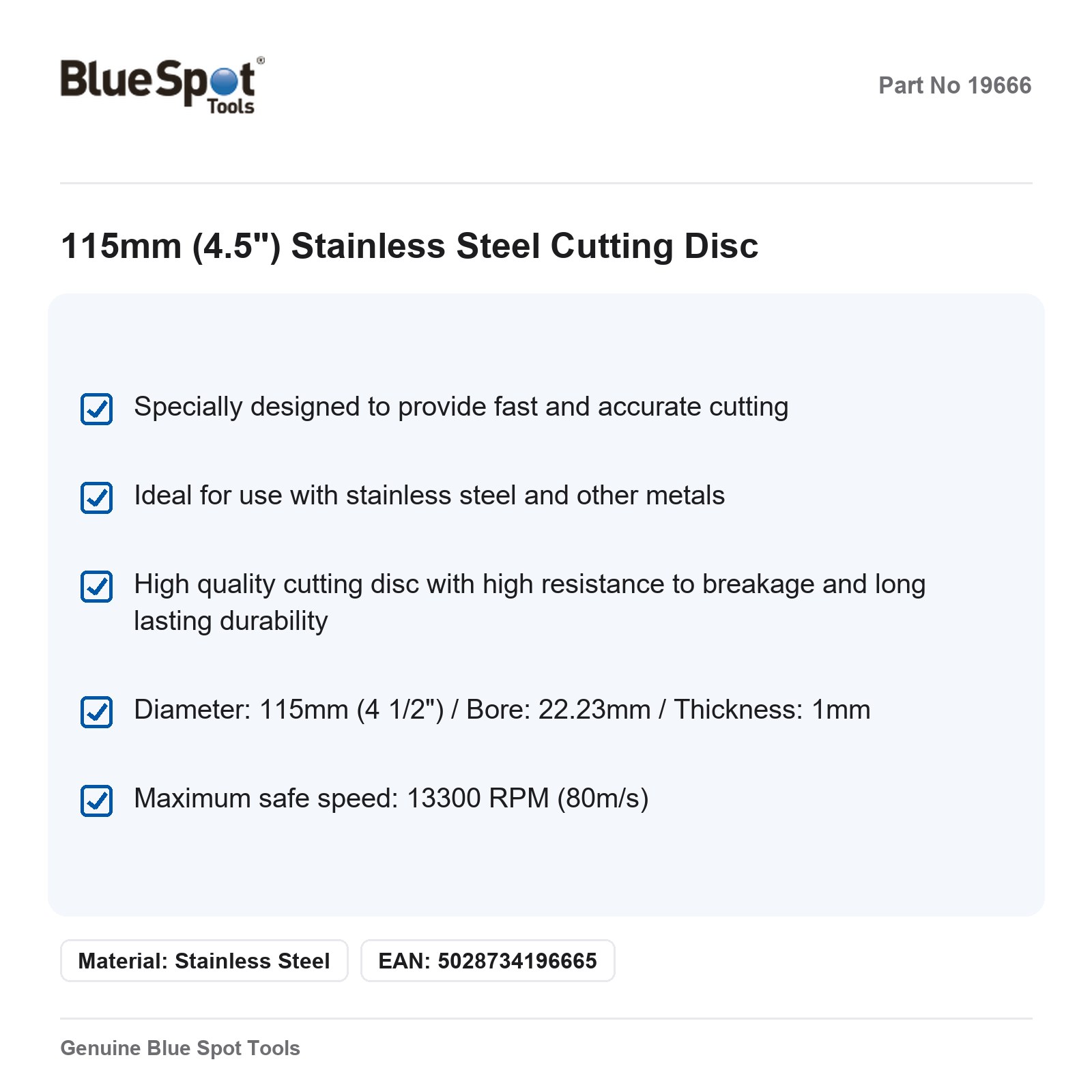 BlueSpot 115mm 4.5in Stainless Steel Cutting Disc Angle Grinder - Image 3